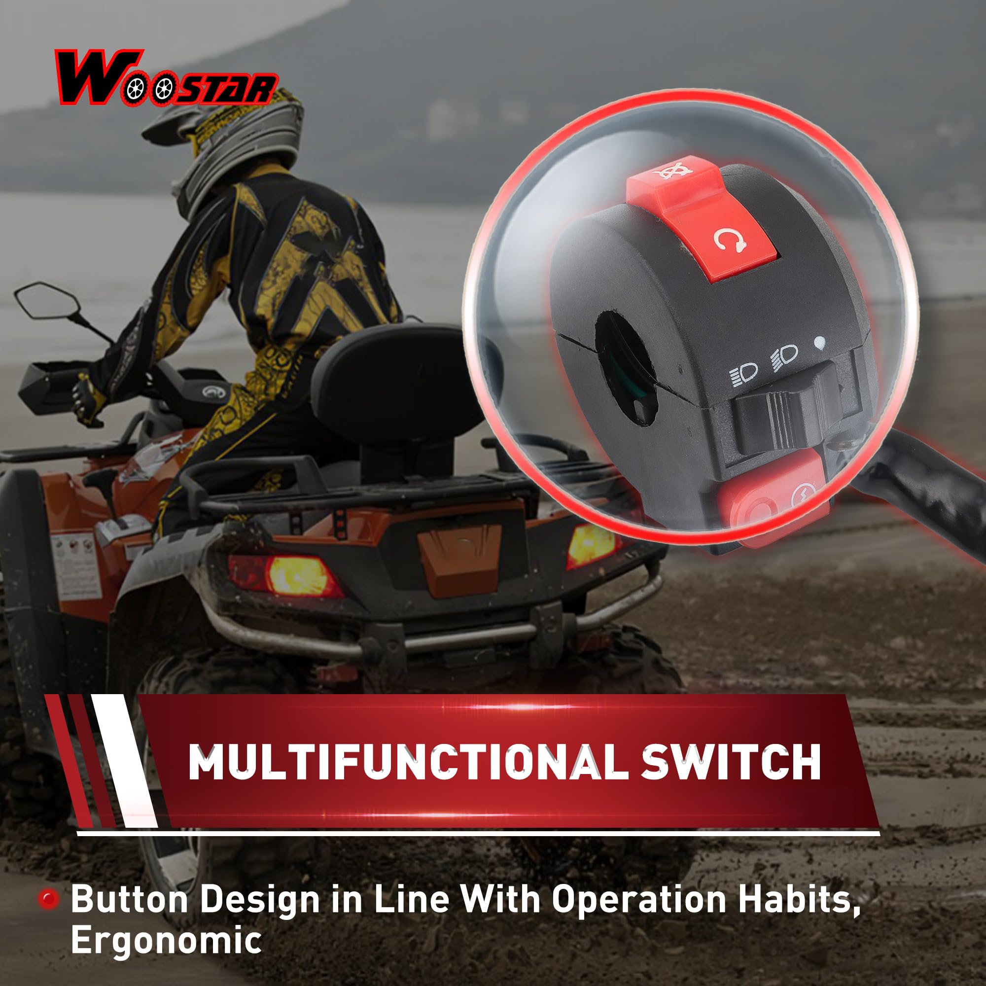 WOOSTAR 7/8'' 22mm Handlebar 3 Function Right Start Switch Replacement for 50cc 70cc 90cc 110cc 125cc ATV Quad Pit Bike Buggy Go