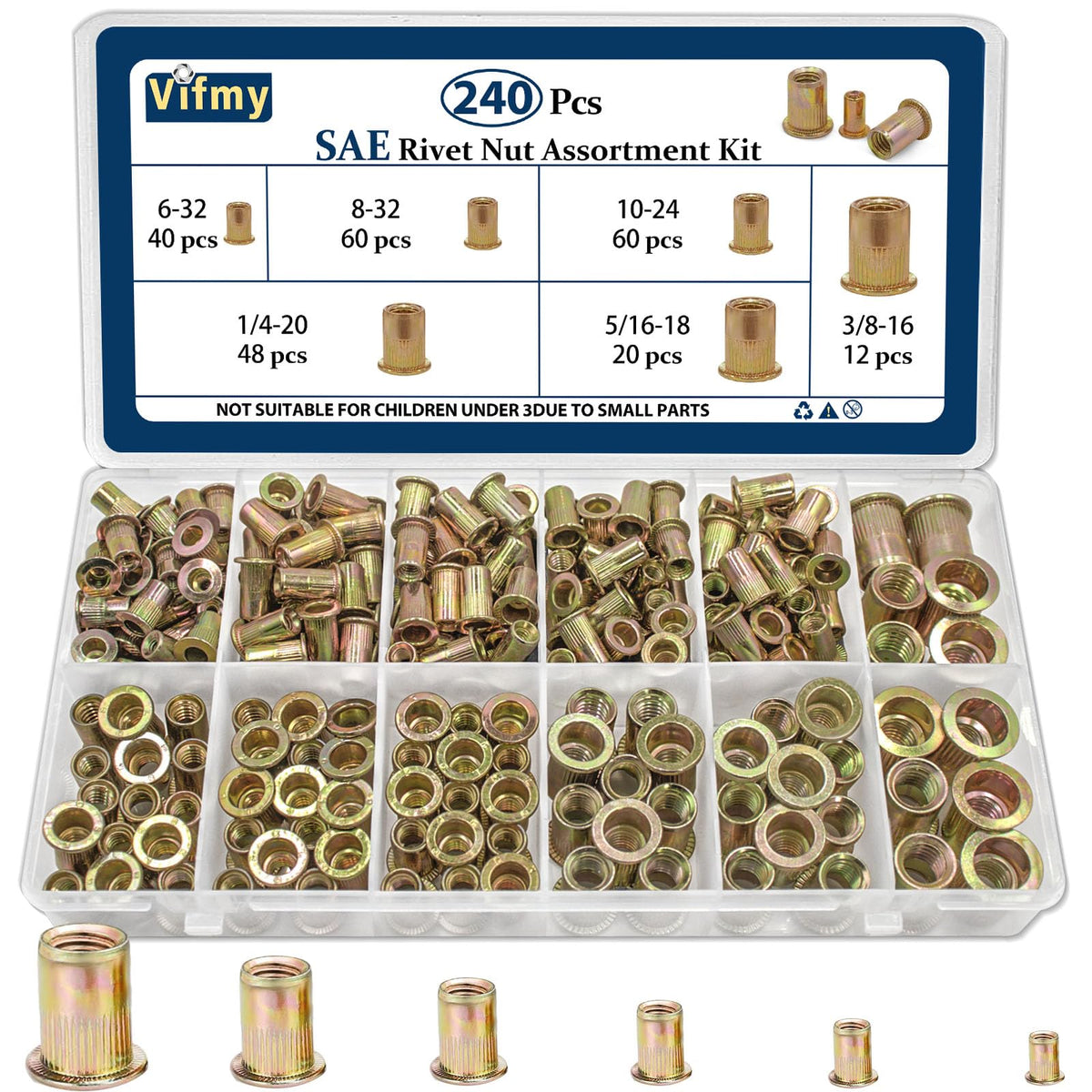 Vifmy Sae Rivet Nut Assortment Kit(240Pcs),#6-32#8-32#10-24 1/4'-20 5/16'-18 3/8'-16 Unc Rivnut Threaded Insert Nut Set,Zinc Plated Finish Carbon Steel Nutsert