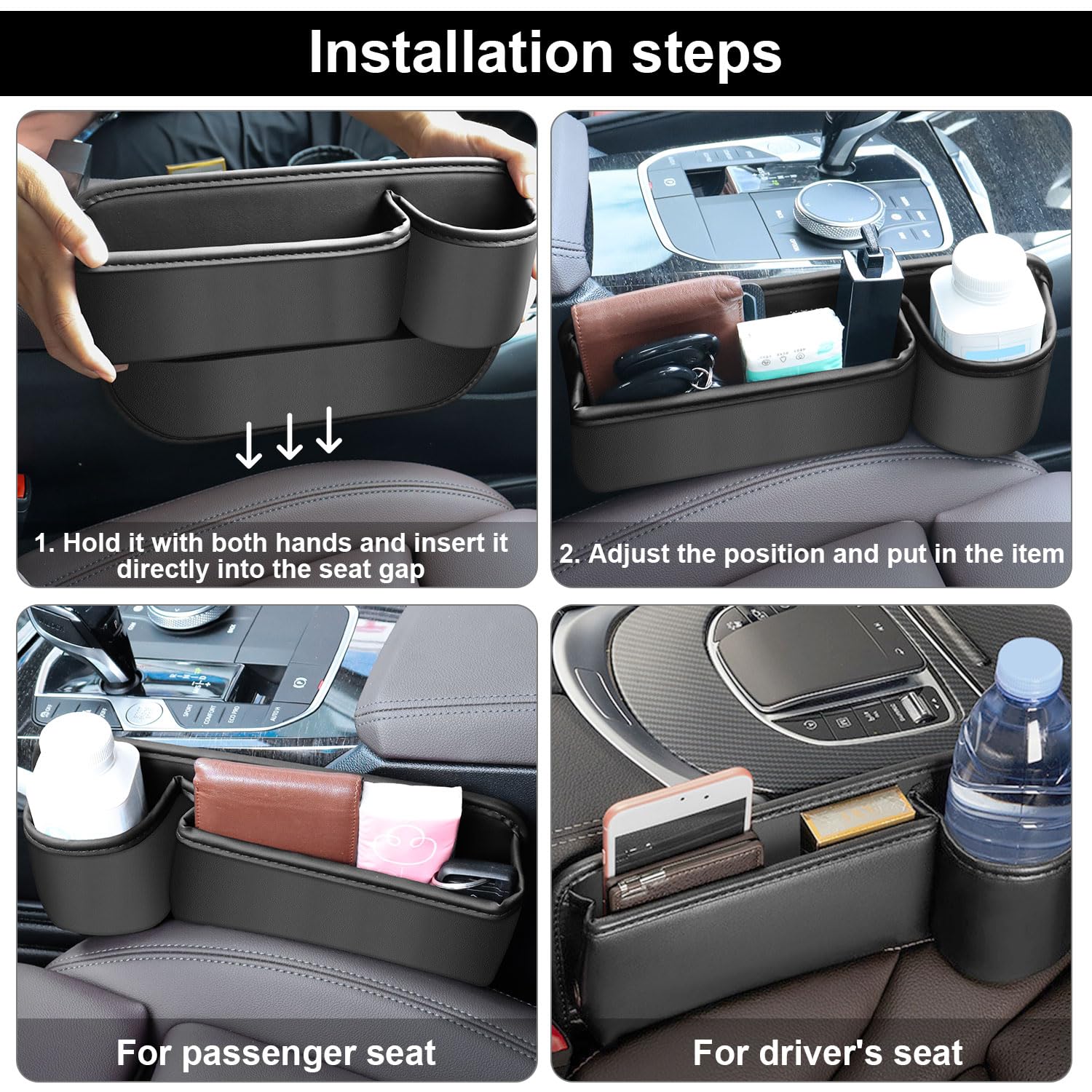 JINRUITOP Car Seat Gap Filler Organizer with Cup Holder, 2 Pack Adjustable Leather Car Side Seat Storage Box, Multifunction Inte