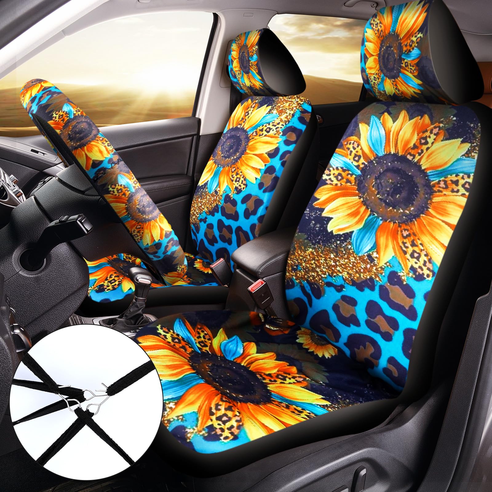 Frienda 13 Pcs Leopard Print Car Seat Cover Full Set for Women Men Print Car Accessories Rubber Steering Wheel Armrest Pad Cover