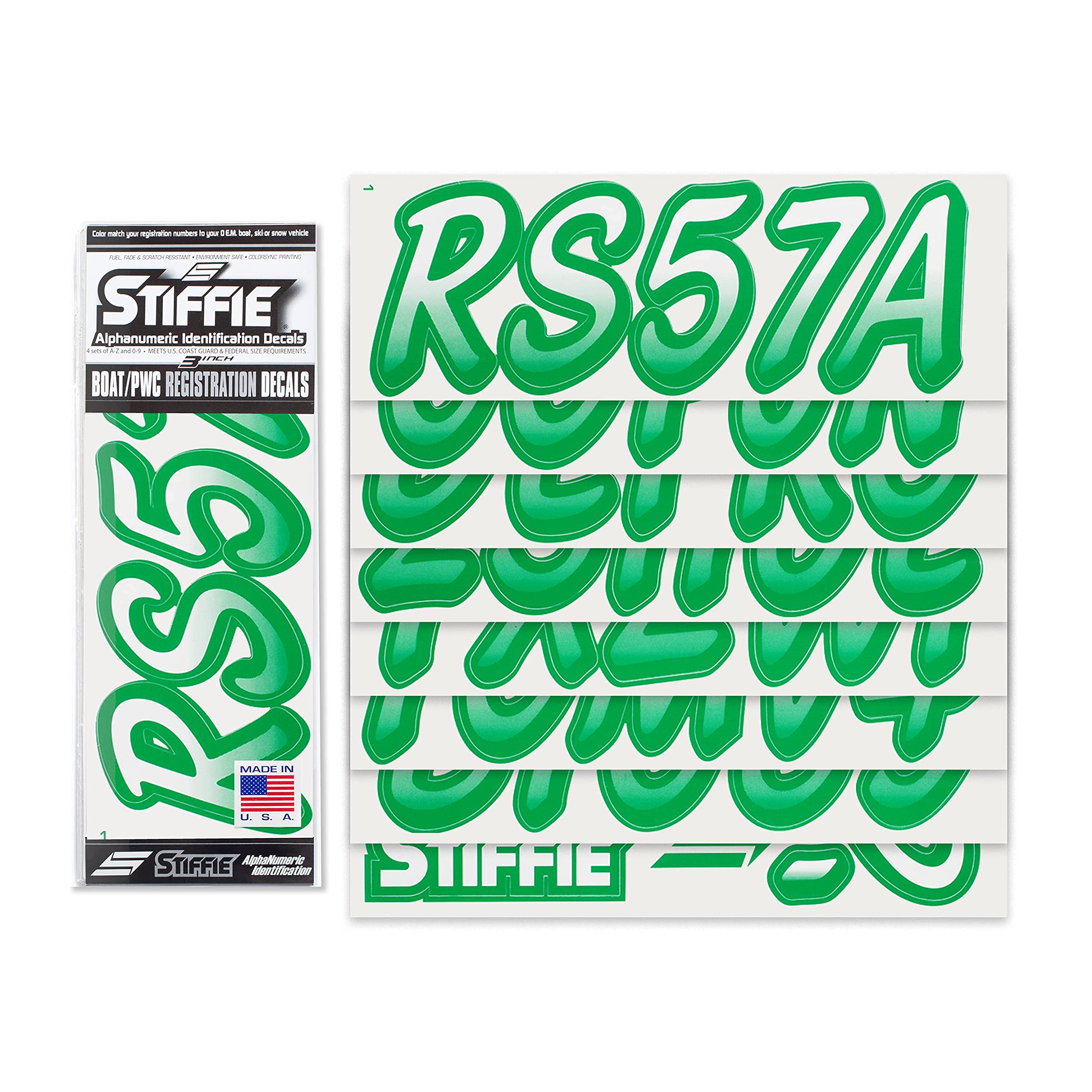 STIFFIE Whipline White/Green 3'' Boat & PWC Registration Decals  Numbers Letters Stickers
