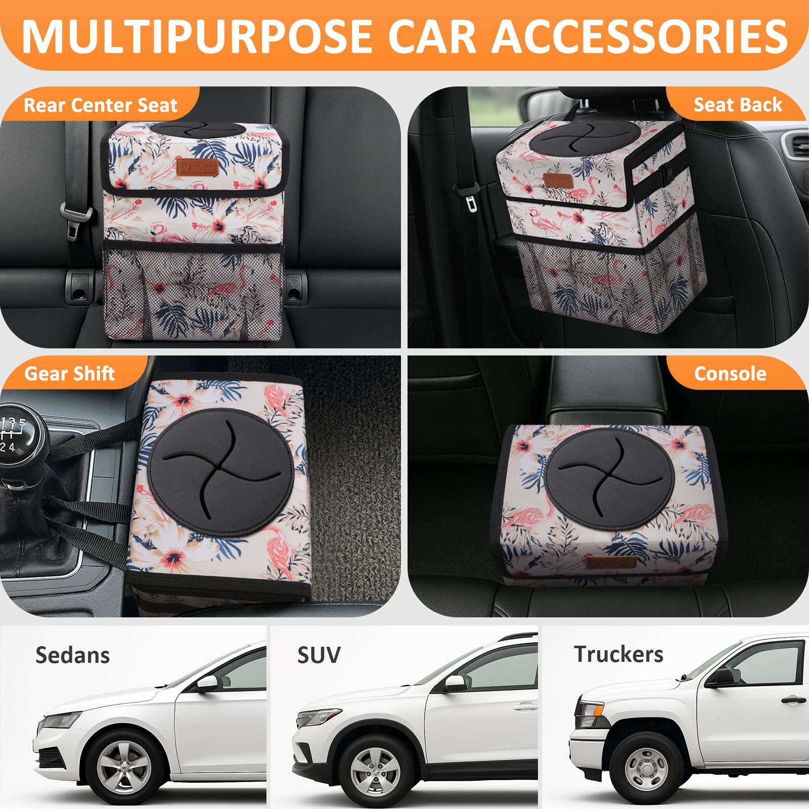 Vankor Cute Car Trash Can, Car Accessories For Women Interior Can Trash Bag Hanging Automotive Garbage Cans Pink Flamingo