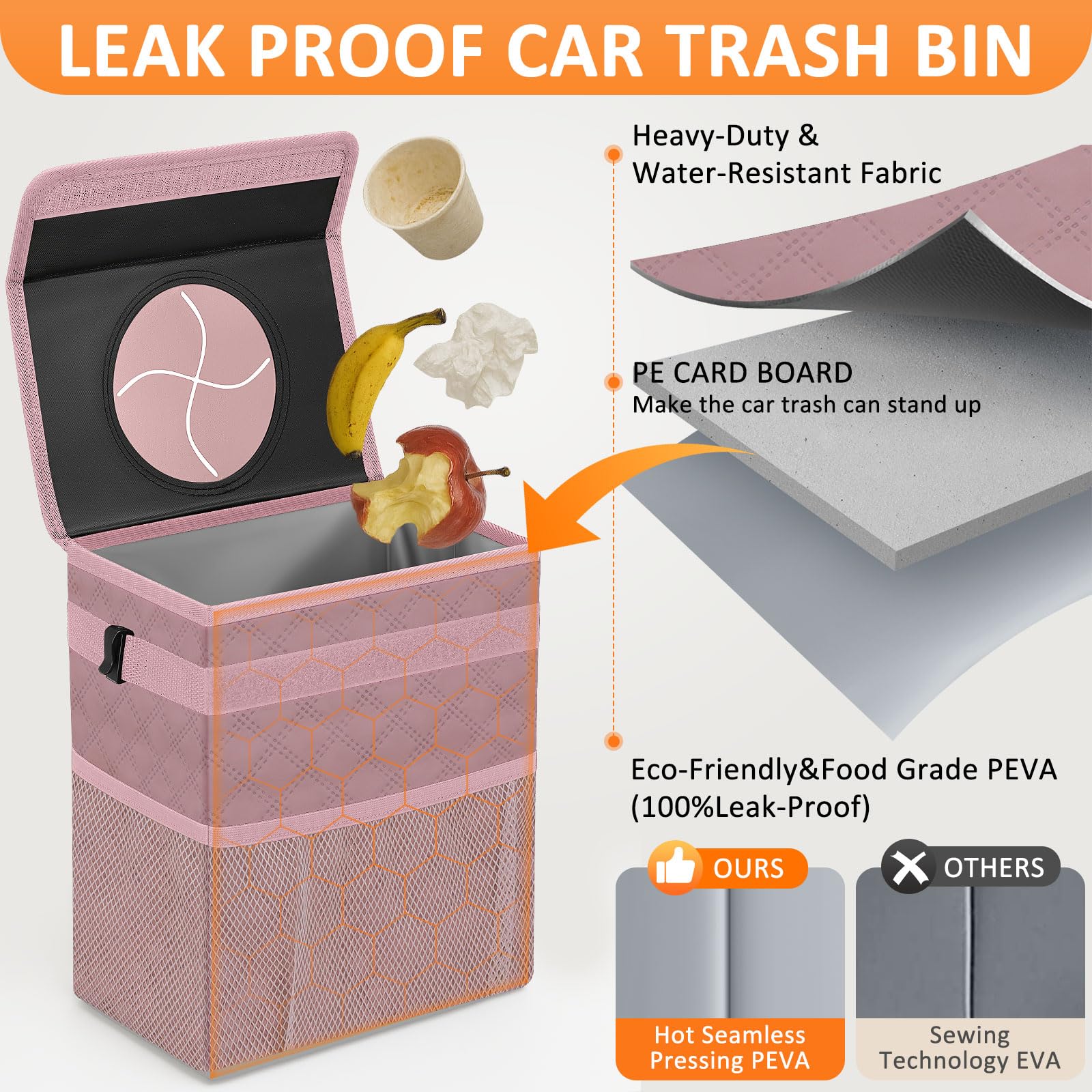 Vankor Car Trash Can Cute Trash Bag Bin Hanging Waterproof Automotive Garbage Cans Leak Proof Vehicle Trash Can Diamond Pattern-
