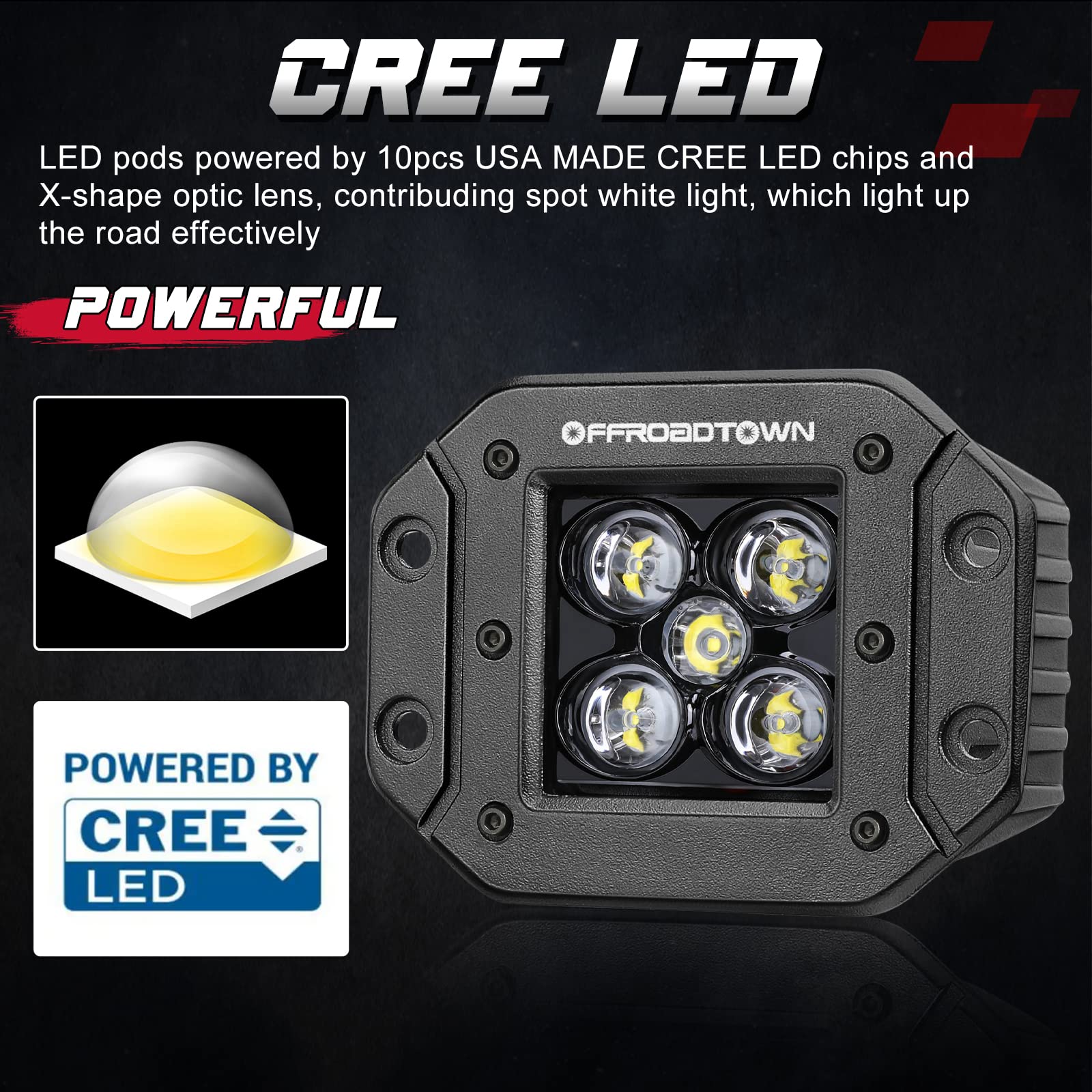 Offroadtown 2Pcs 100W 5 Inch Cree Led Pods, Spot Beam, Flush Mount, Waterproof Bumper Lights For Trucks Utv Atv Off Road Boat