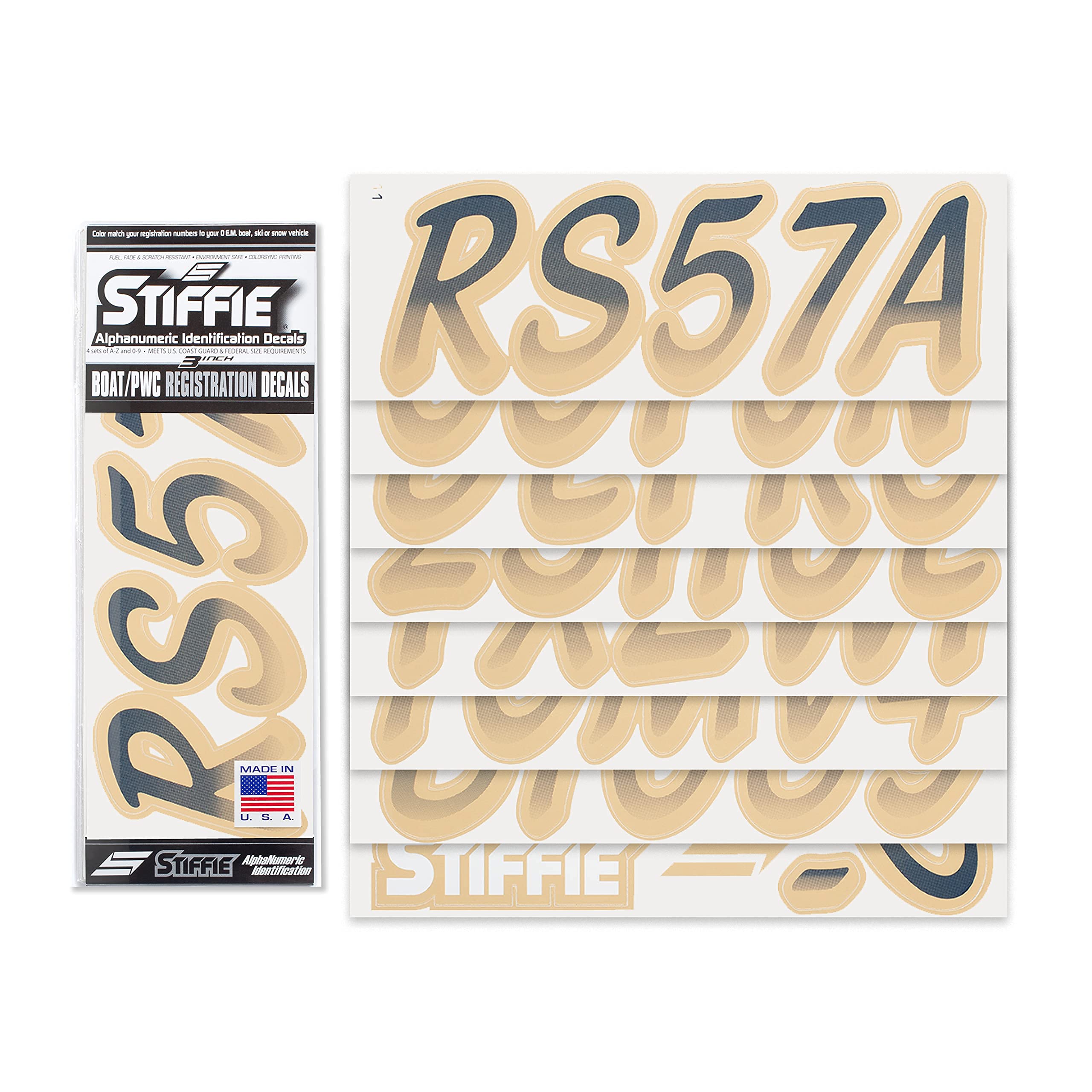 STIFFIE Whipline Navy/Tan 3'' Boat & PWC Registration Decals  Numbers Letters Stickers