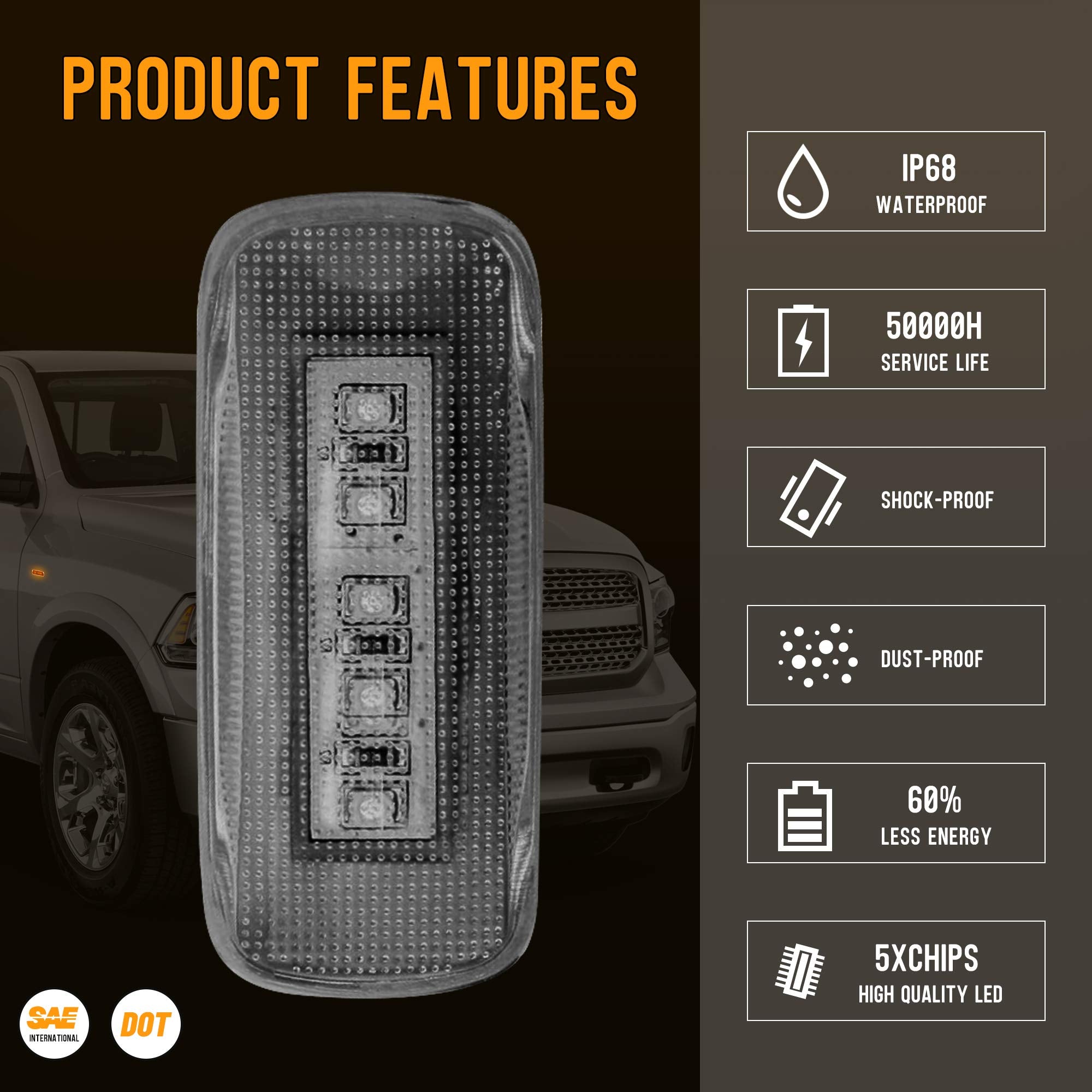 Husuku 4Pcs 5Led Dual Cab Bed Fender Led Side Marker Lights For 2010-2017 Dodge Ram 2500 3500 (2X Amber, 2X Red)