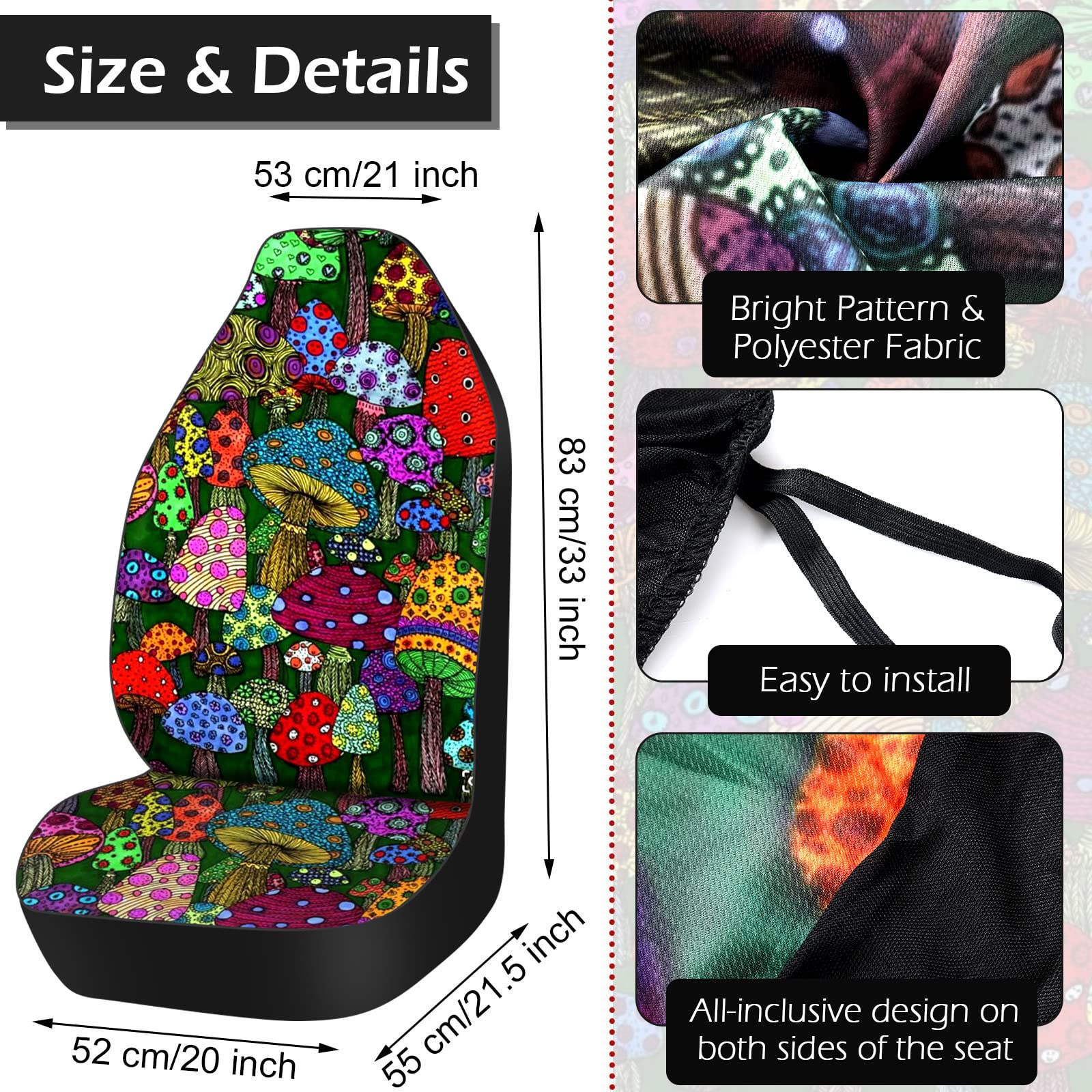 Fabbay 26 Pcs Mushroom Car Seat Covers Set with Seats Protectors Steering Wheel Cover Seat Belt Cover Floor Mat Armrest Cushion