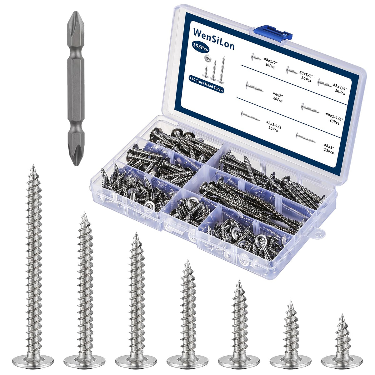 Wensilon #8 Phillips Truss Head Wood Screws Stainless Steel 410 Quick Metal Self Tapping Assortment Kit