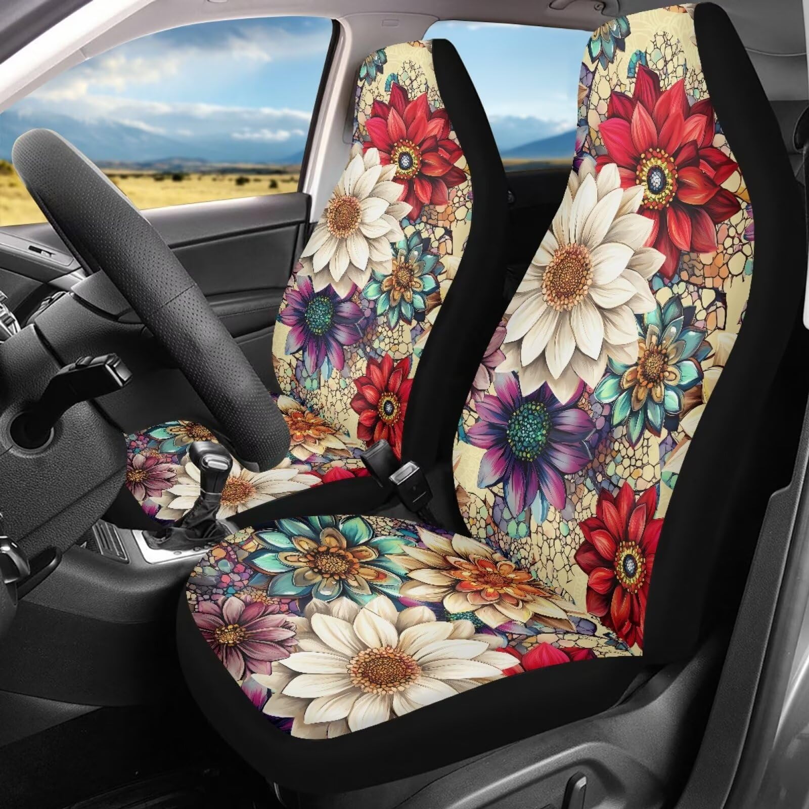Bigcarjob Blossom Lotus Car Seat Covers Set For Front Only Boho Lotus Print Car Interior Accessories Cute Seat Protector For Car