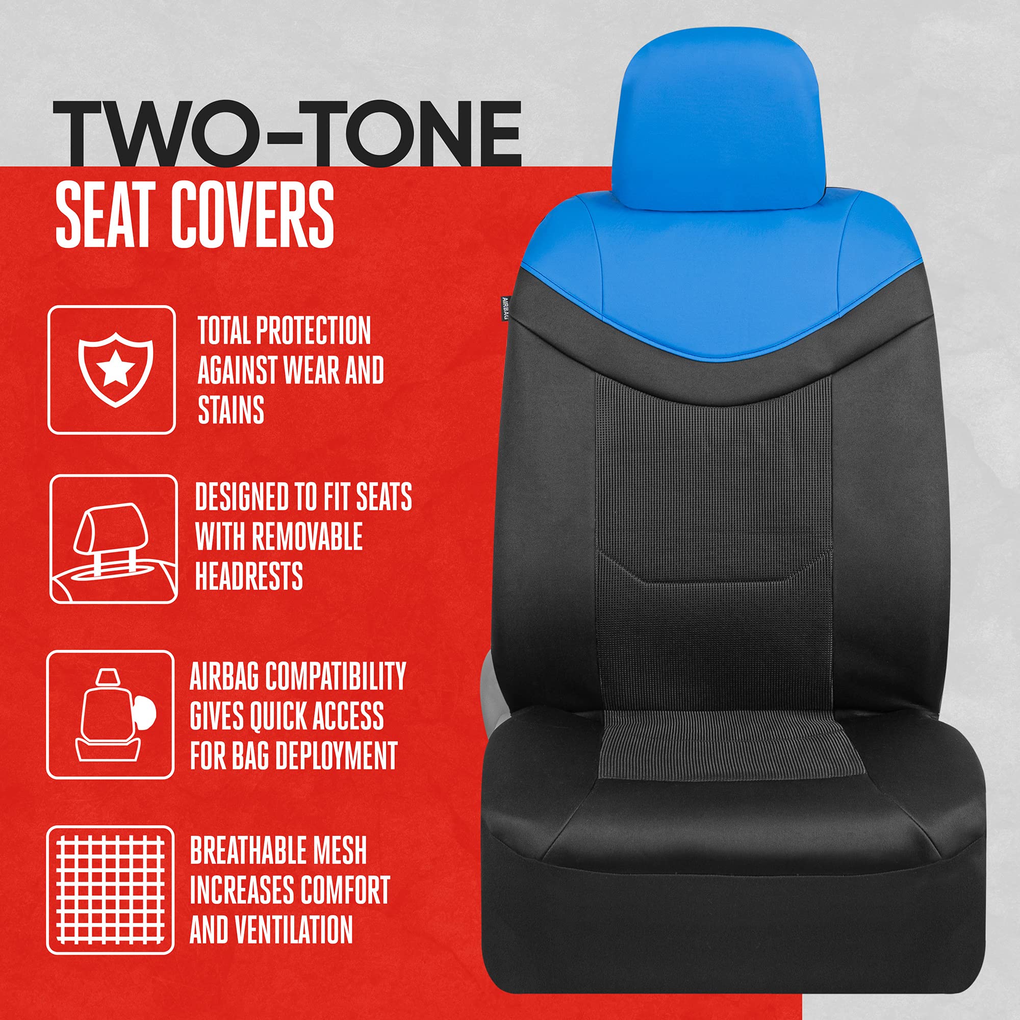 Motor Trend Premium LuxeSport Blue Car Seat Covers for Front Seats, 2 Pack – Automotive Seat Protectors with Comfortable Mesh Back & Faux Leather Headrest, Interior Covers for Car Truck Van SUV