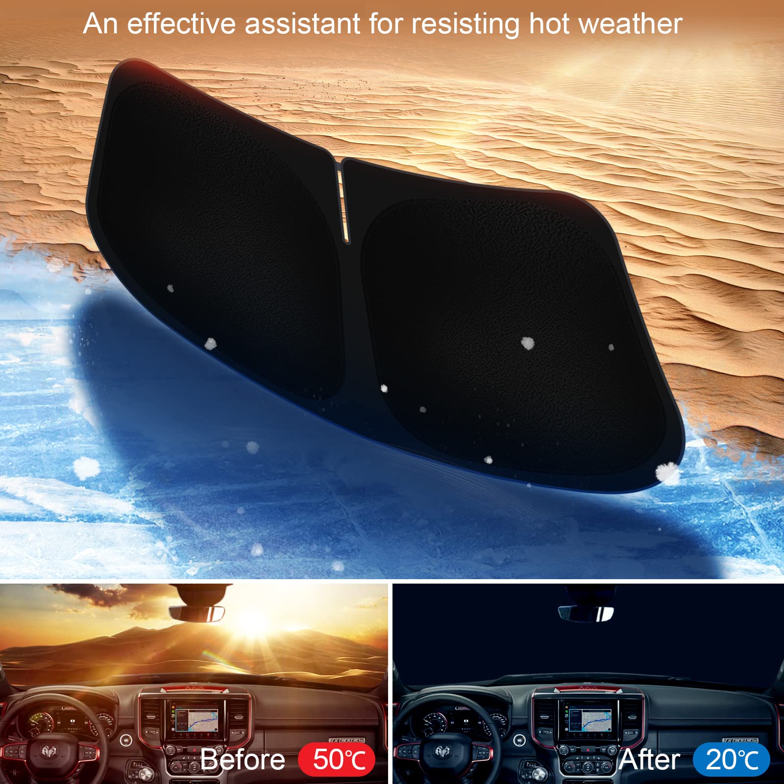 Car Windshield Sun Shade Compatible With 2019 2020 2021 2022 2023 2024 2025 Dodge Ram 1500 2Dr Regularcab, 4Dr Quadcab, Crewcab,