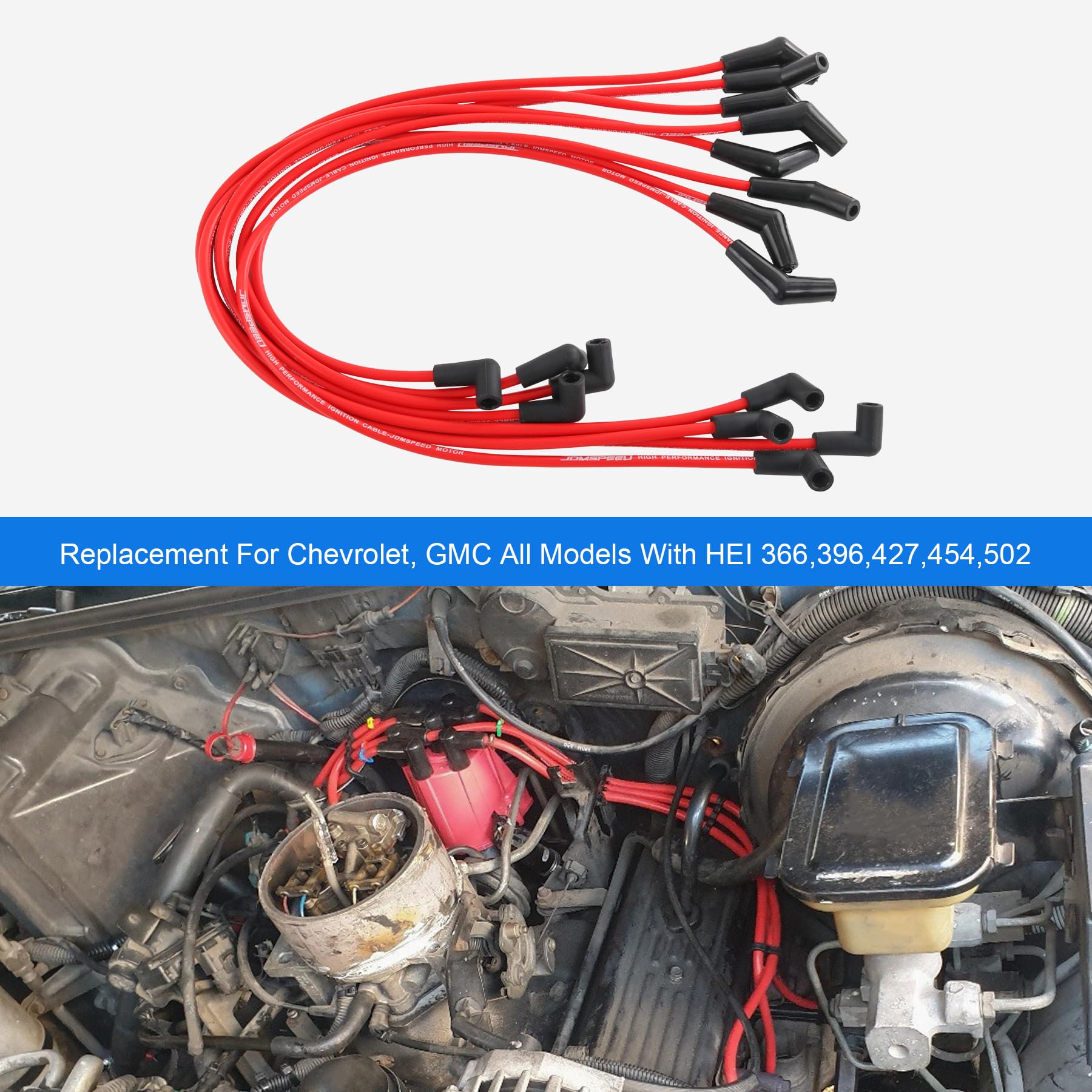 Jdmspeed New Hei Red Spiral Core Spark Plug Wires 45 Degree End 396-427-454-502 Replacement For Chevy Bbc