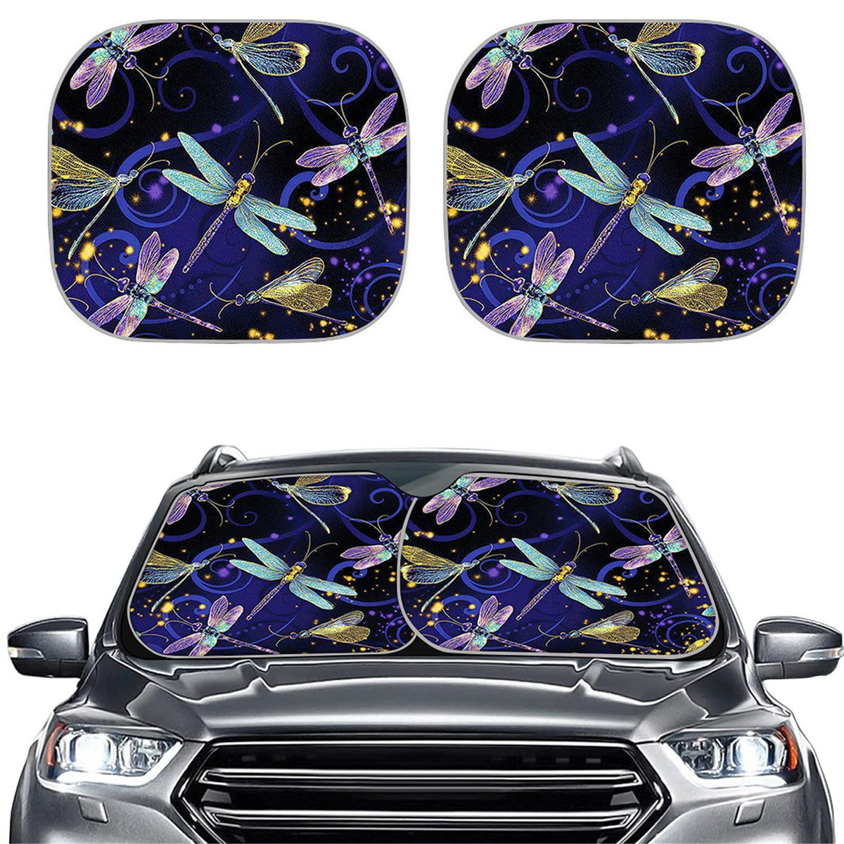 Renewold Dragonfly Stylish Windshield Sunshade Foldable 2-Piece Car Front Window Sunshade Blocks Uv Rays Sun Visor, Titanium Sil