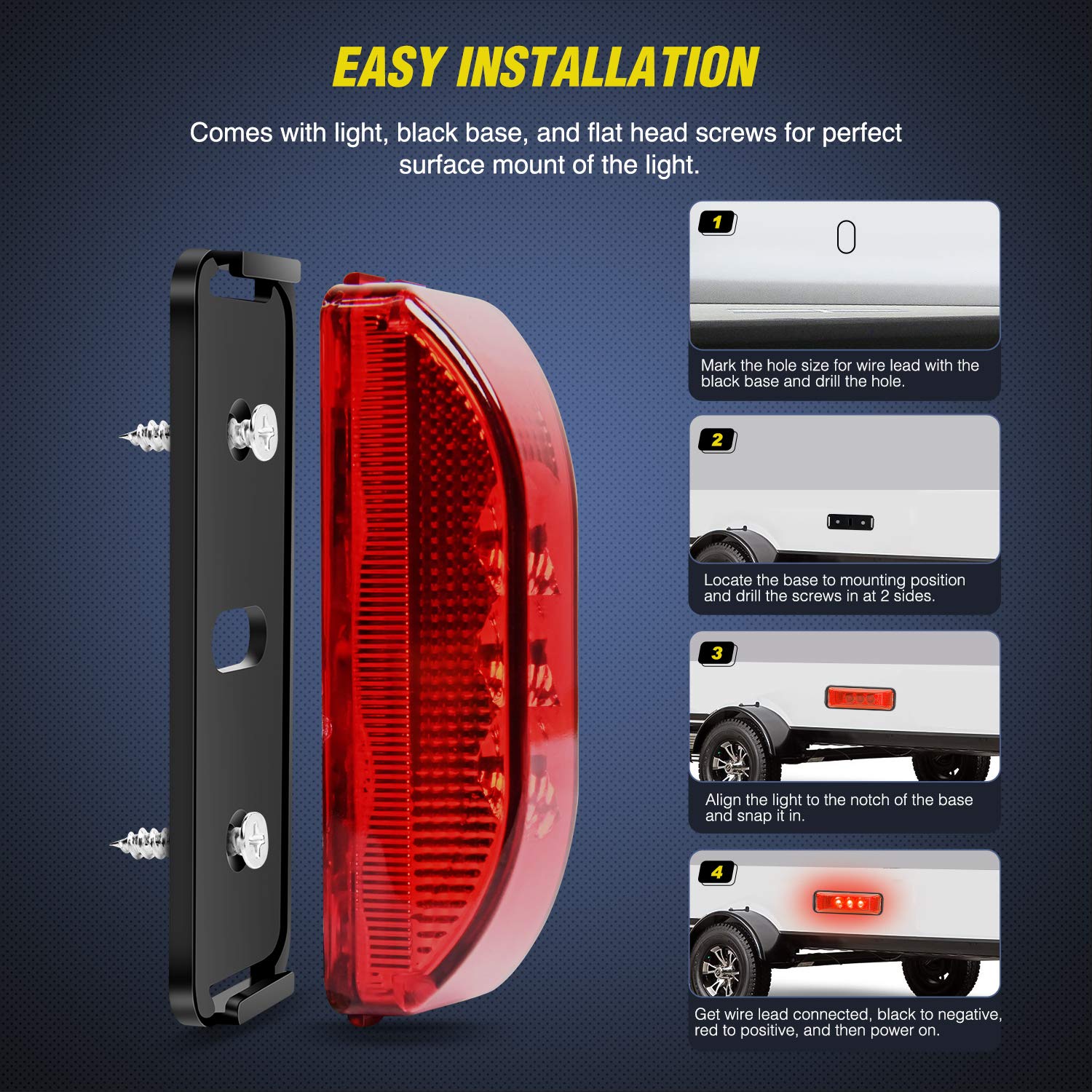 Nilight - Tl-33 4Pcs 3.9 Inch 3 Led Truck Trailer Light Front Rear Side Clearance Indicator Lamp Waterproof Sealed Surface Mount