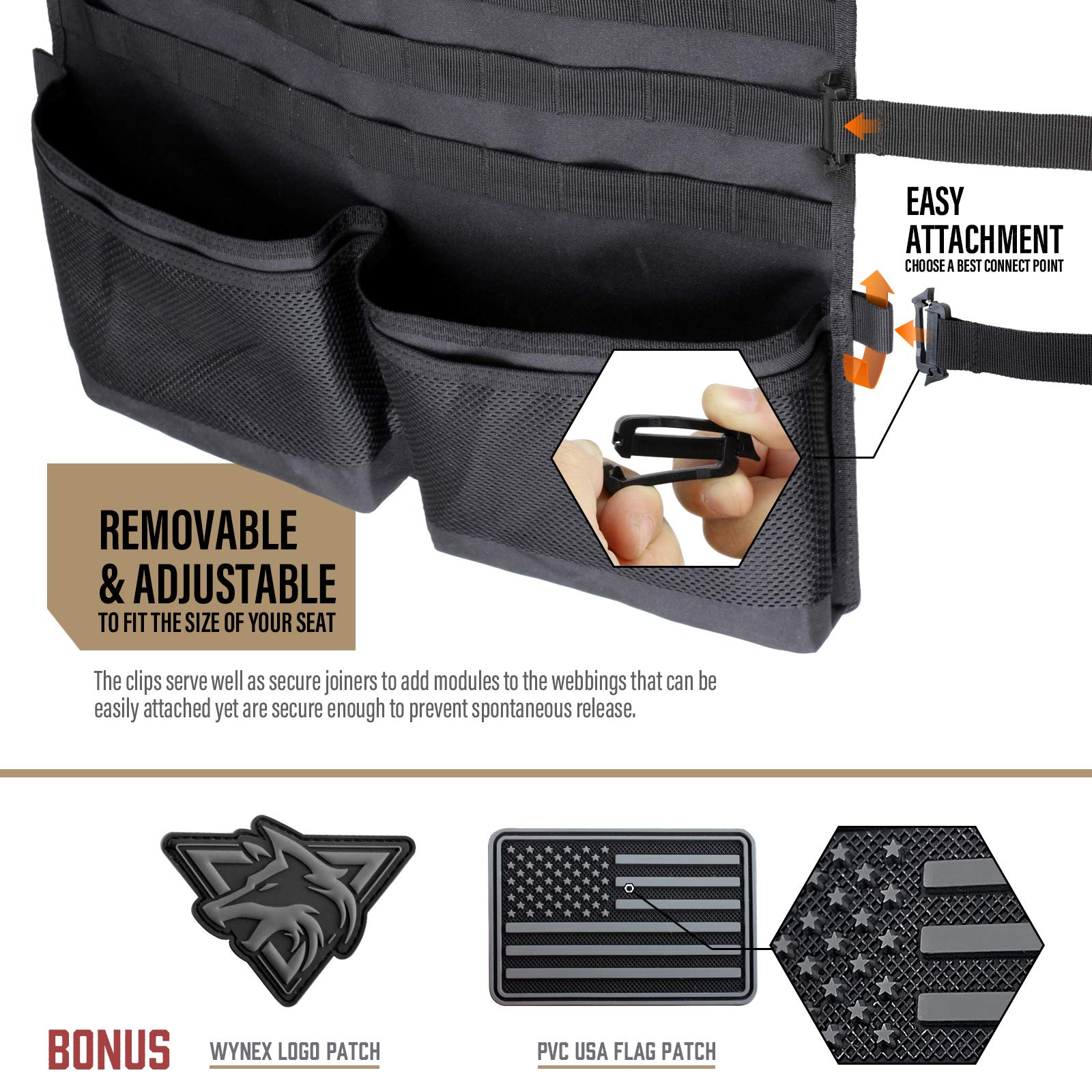 Wynex Car Seat Back Organizer With Sling Rack, Molle Backseat Cover Protector With Visual Pocket And Patch, Universal Fits Vehic