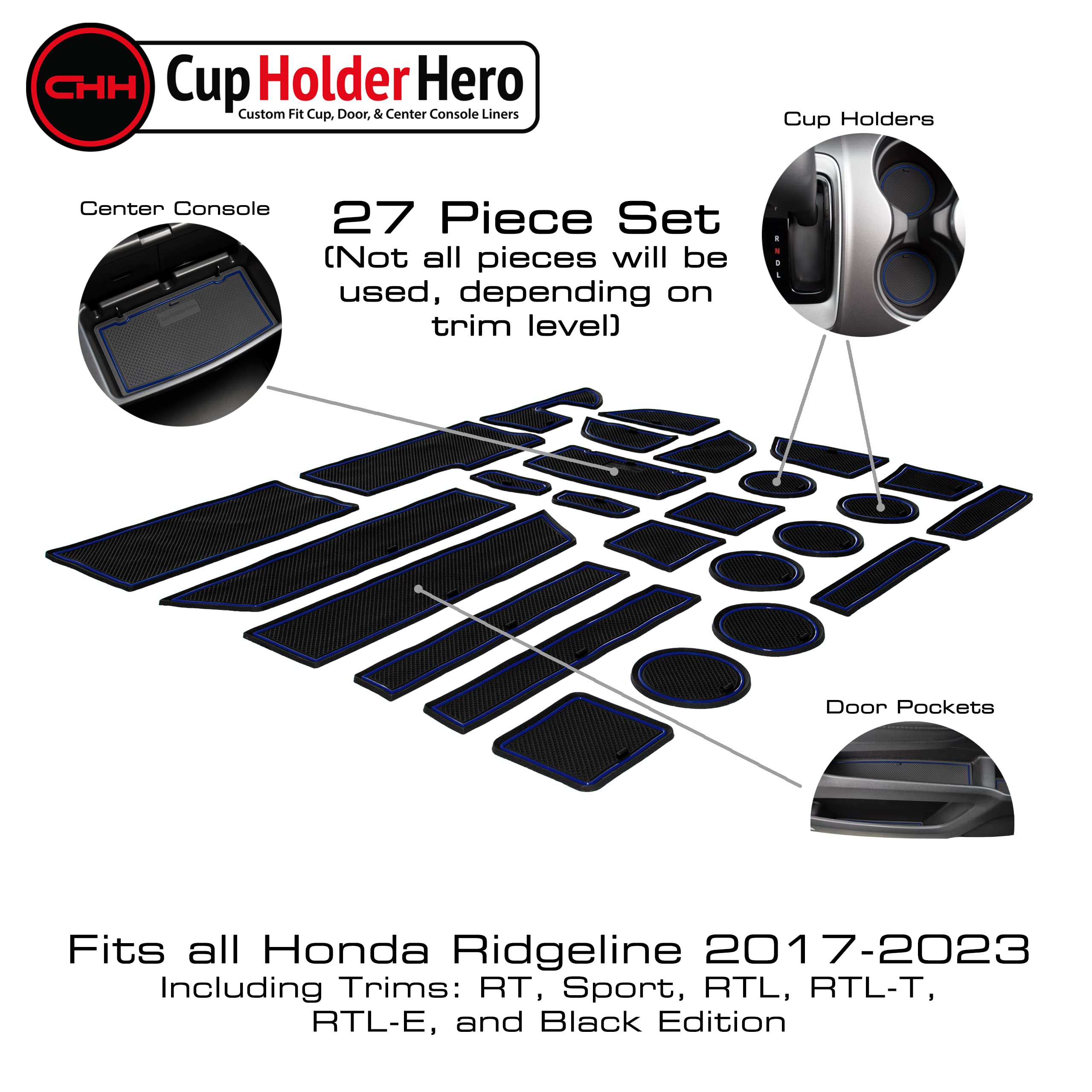 Cupholderhero Fits Honda Ridgeline 2017-2023 Accessories - Premium Custom Non-Slip Anti-Dust Cup Holder Inserts, Center Console