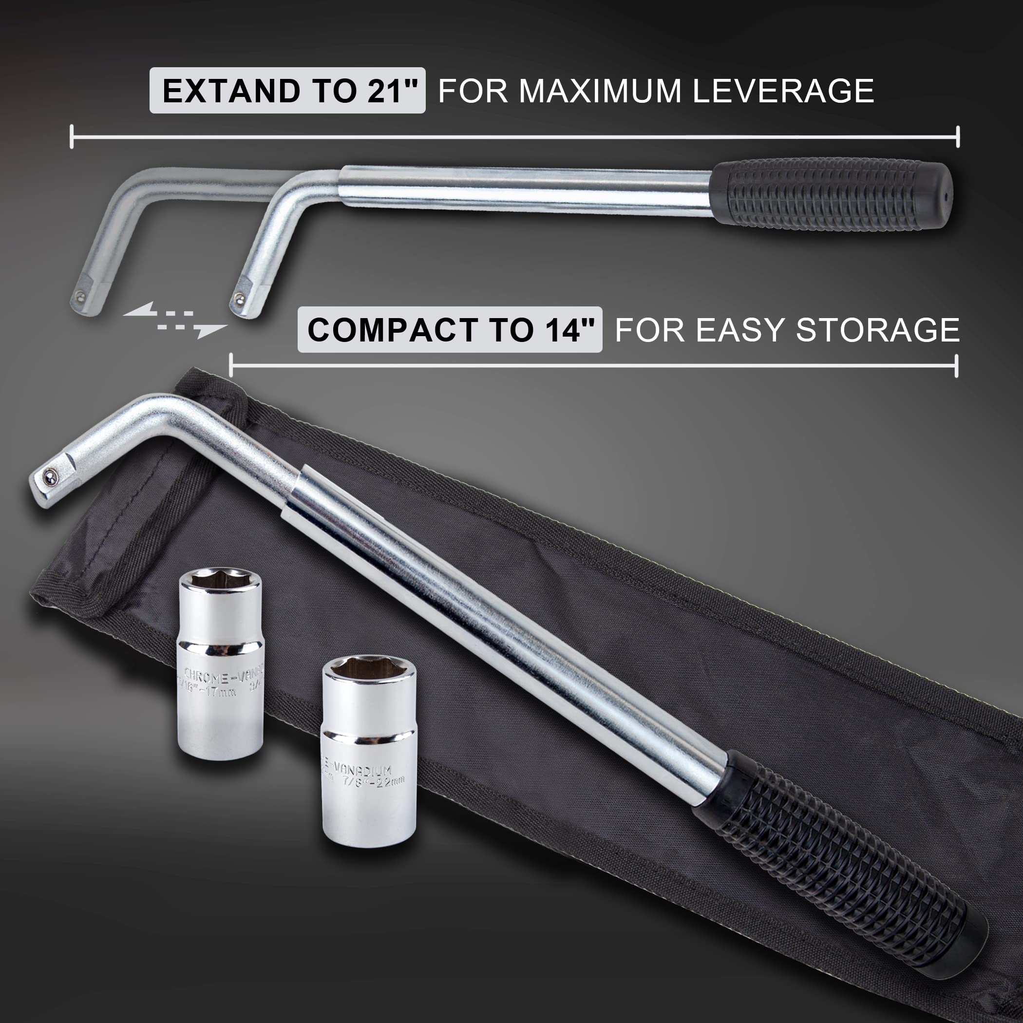 Cartman Telescoping Lug Wrench, Wheel Wrench With Standard Cr-V Sockets 17/19, 21/22Mm