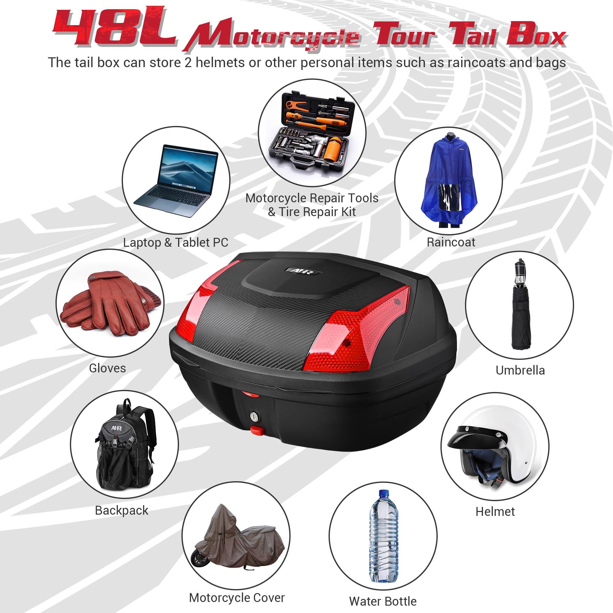 Ahr 48L Motorcycle Top Case Trunktail Box Trunk Tour Storage Box