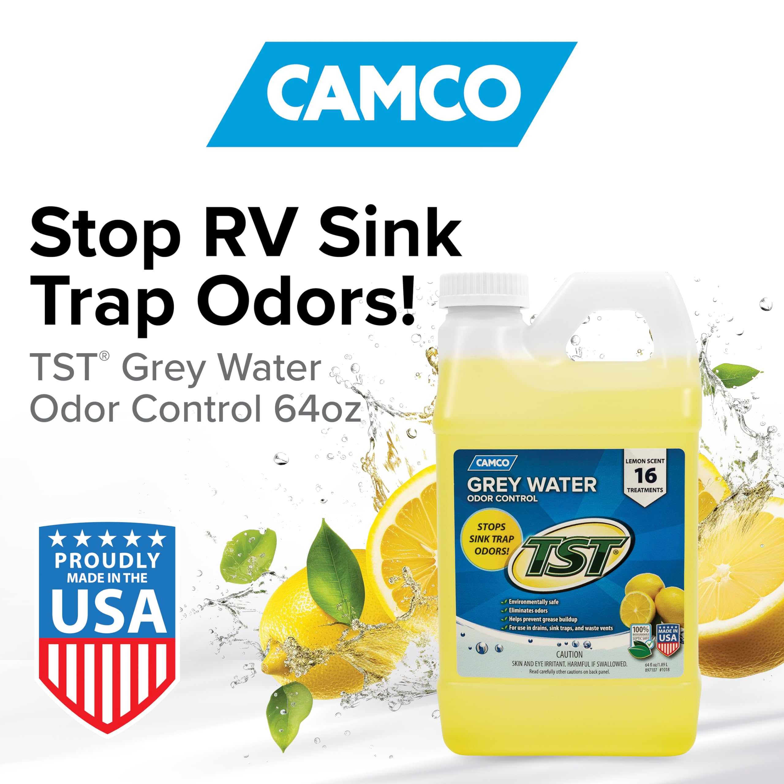 Camco Tst Camper/Rv Grey Water Odor Control - Removes Grease Buildup In Gray Water Tank, Sink & Shower Drains - 4Oz Treats 40-Gal Holding Tank - Safe Septic Tank Treatment - Lemon, 64 Oz (40256)