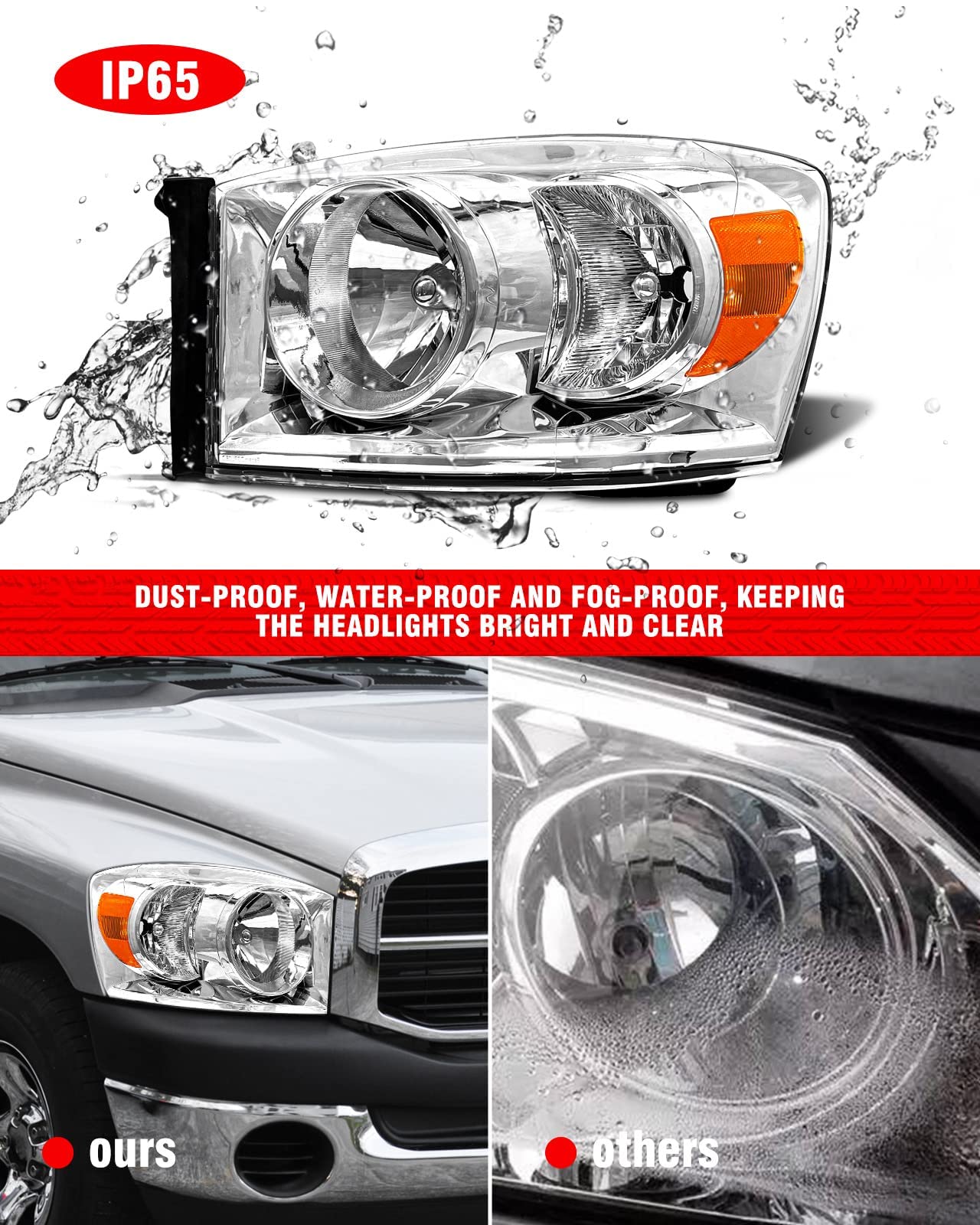 Adcarlights 2006 2007 2008 2009 Dodge Ram Headlight Assembly For 2006-2008 Dodge Ram 1500/2006-2009 Dodge Ram 2500 3500 Clear Le