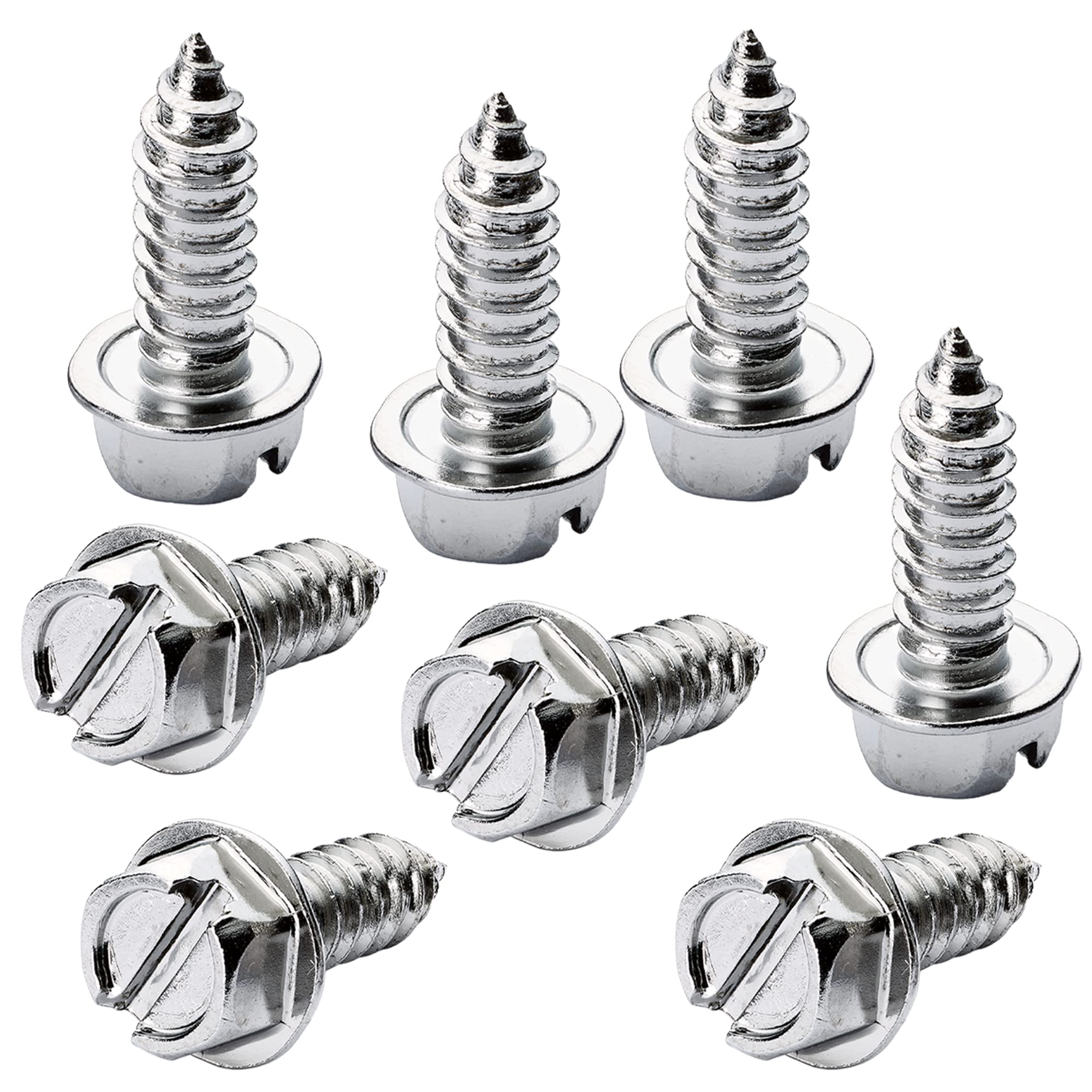 Chrome License Plate Screw Kit - Set Of 8 Stainless Steel Fasteners For License Plates, Frames, And Covers On Domestic Cars, Trucks, Vans, Suvs - Rustproof, Self Tapping Mounting Bolts (Chrome Plated)