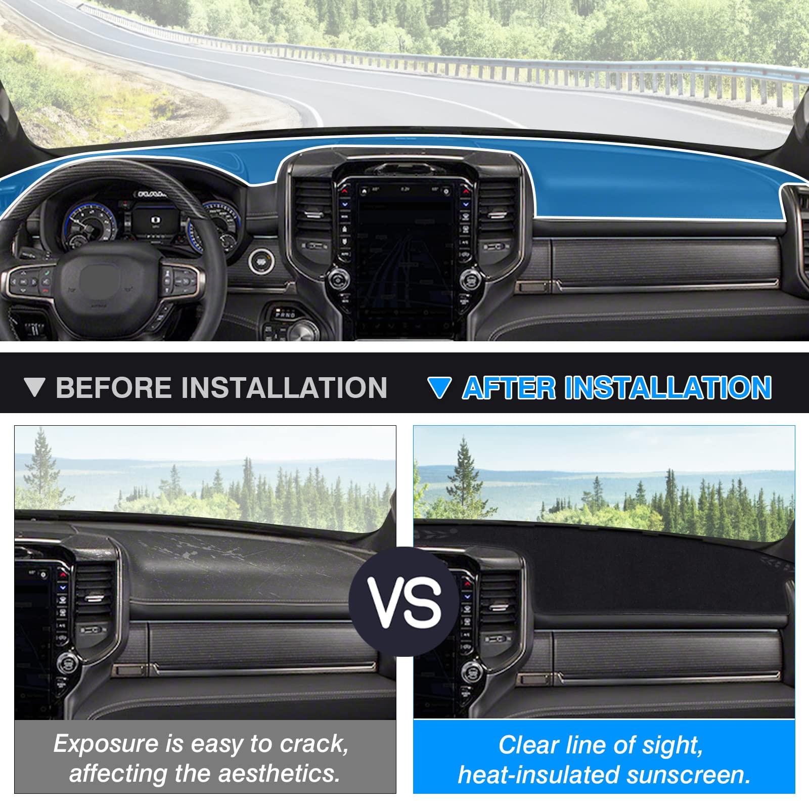 Autorder Dashboard Cover Mat For 2019-2023 2024 Dodge Ram 1500 2500 3500 Accessories Dash Cover Flannel Dash Mat Sunshade Glare