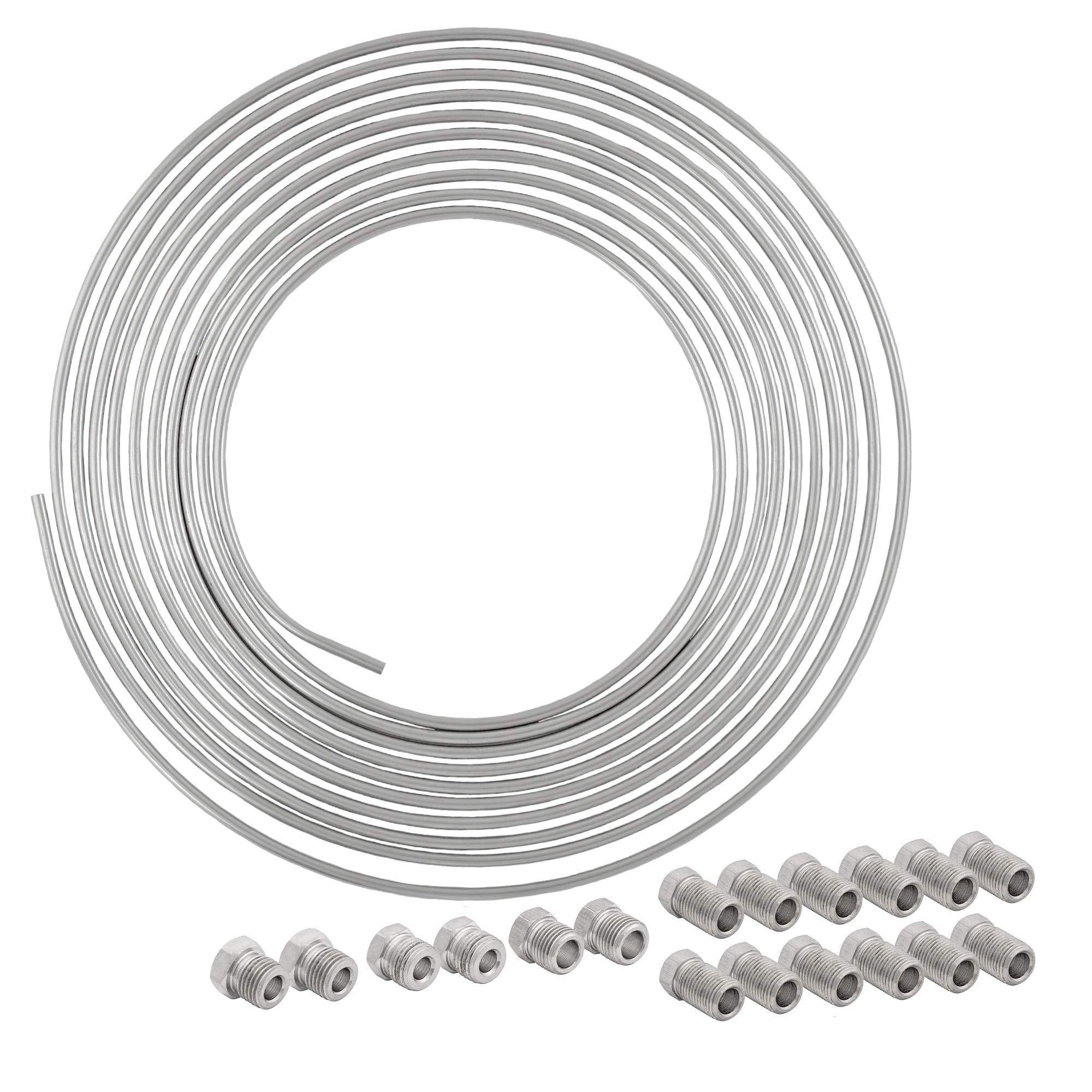 4Lifetimelines 25 Ft 1/4 Stainless Steel Brake Line Replacement Tubing Coil And Fitting Kit, 16 Fittings Included, Inverted Flar