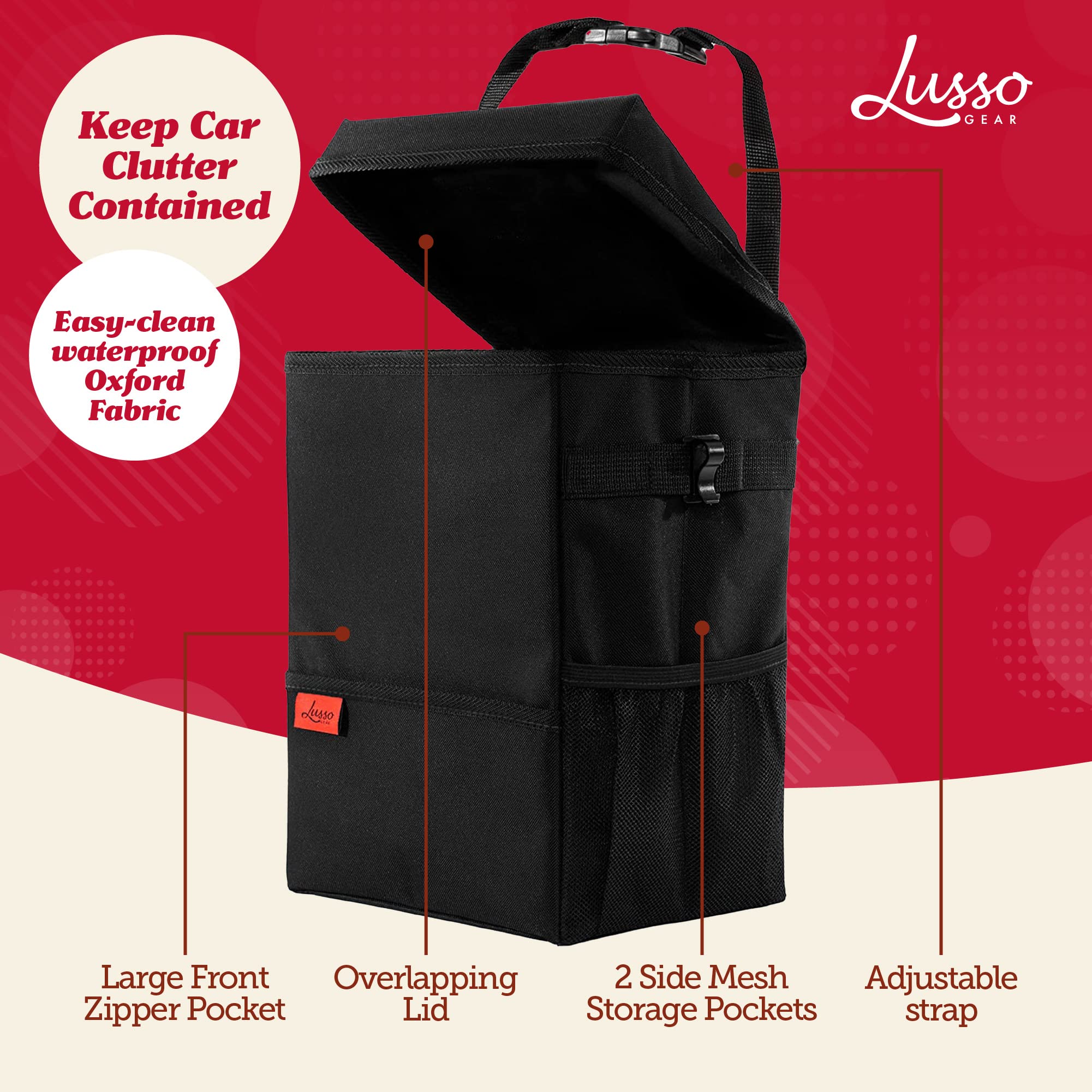 Lusso Gear Car Trash Can With Lid And Removeable Liner, Hanging Car Trash Bag With Hooks, Waterproof Fabric Car Garbage Bin, Aut