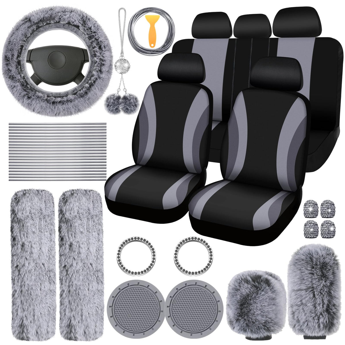 ROCEEI 43 Pcs Car Seat Cover Full Set Fuzzy Car Accessories for Women Christmas Front Rear Cover Fluffy Steering Wheel Cover Bel