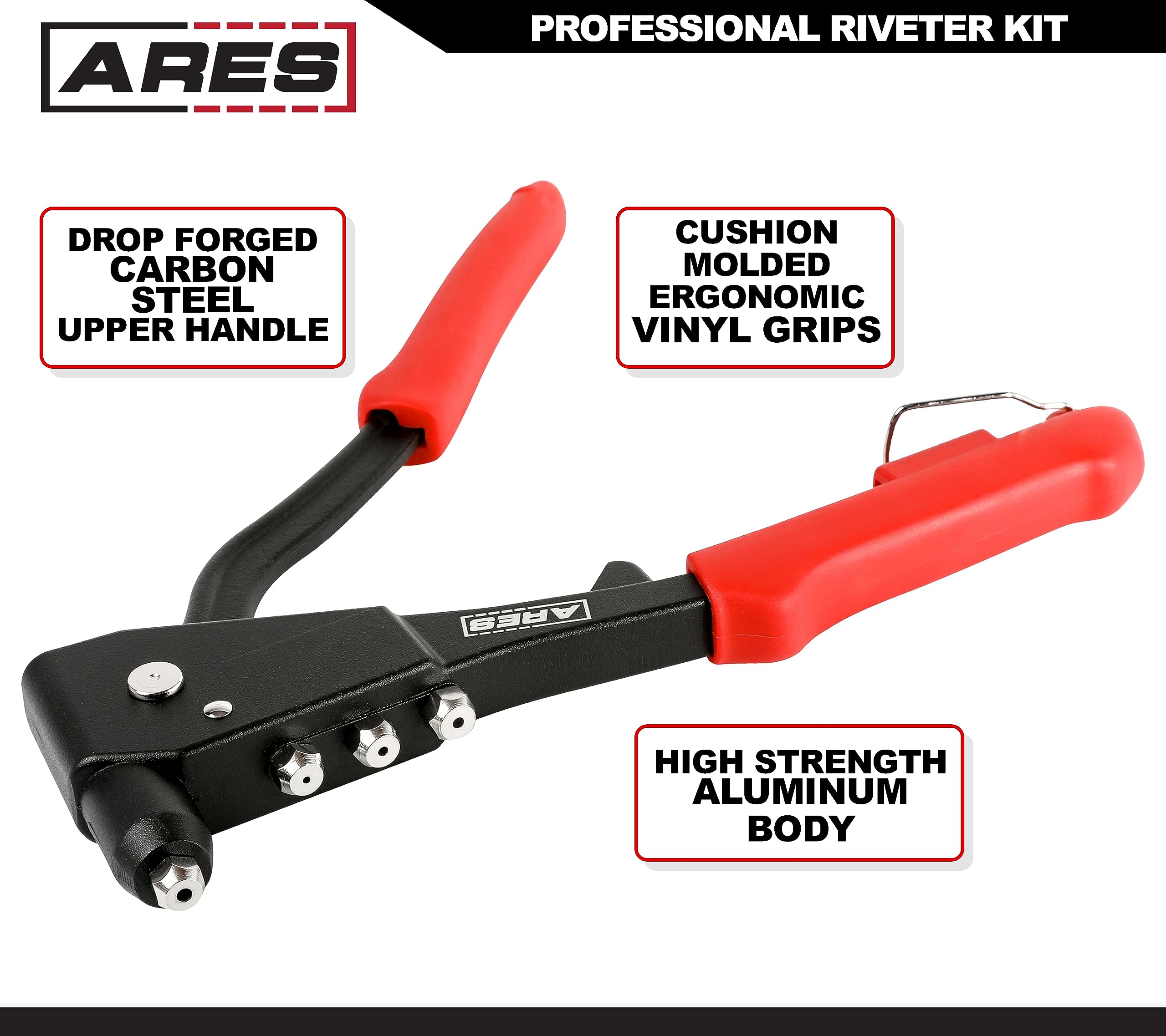 Ares 70017 - Professional Pop Rivet Gun With 60 Rivets - Rivet Sizes 3/32-Inch, 1/8-Inch, 5/32-Inch, & 3/16-Inch - Applications