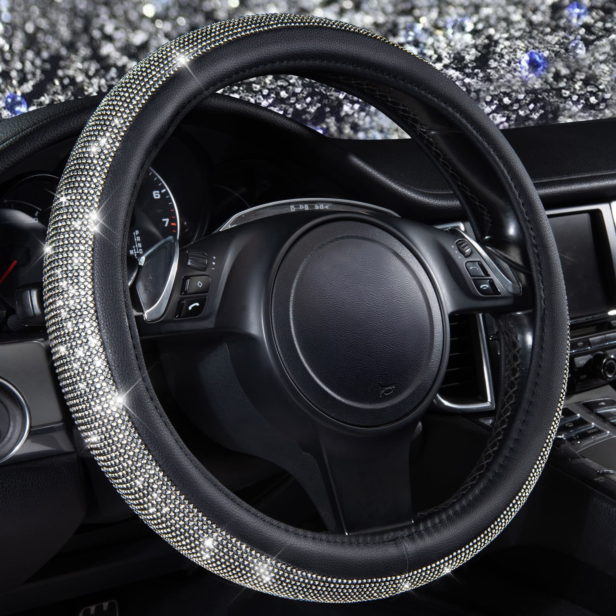 Car Pass Diamond Black Leather Steering Wheel Cover, With Bling Crystal Rhinestones Universal Fit 14'' 1/2-15'' Crystal Glitter 