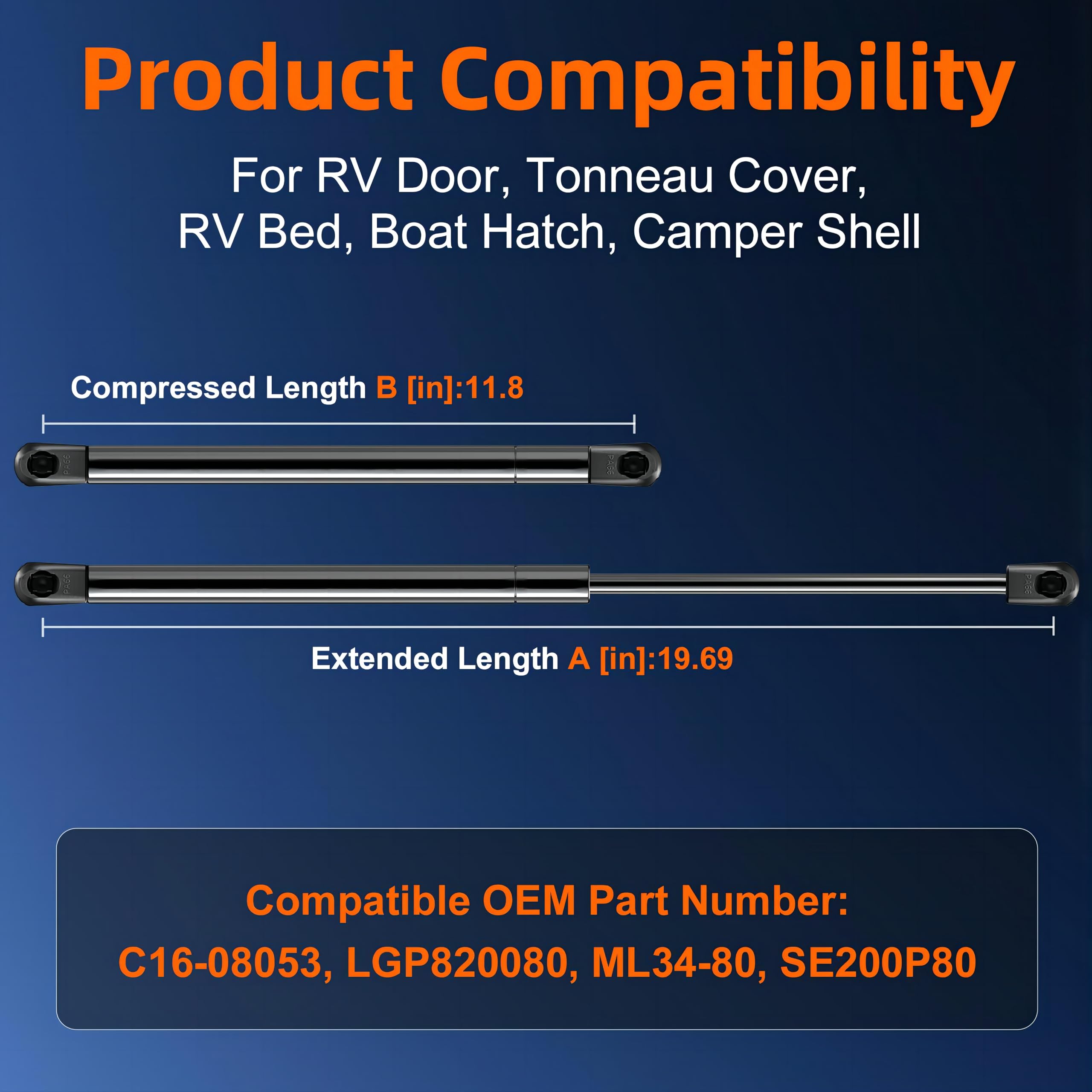 Euplokeer C16-08053 Lgp8-200-80 20In Gas Strut Spring - 80Lb/356N - Gas Prop Shock Lift Support For Rv Queen Bed, Sl34-80-1 Boat