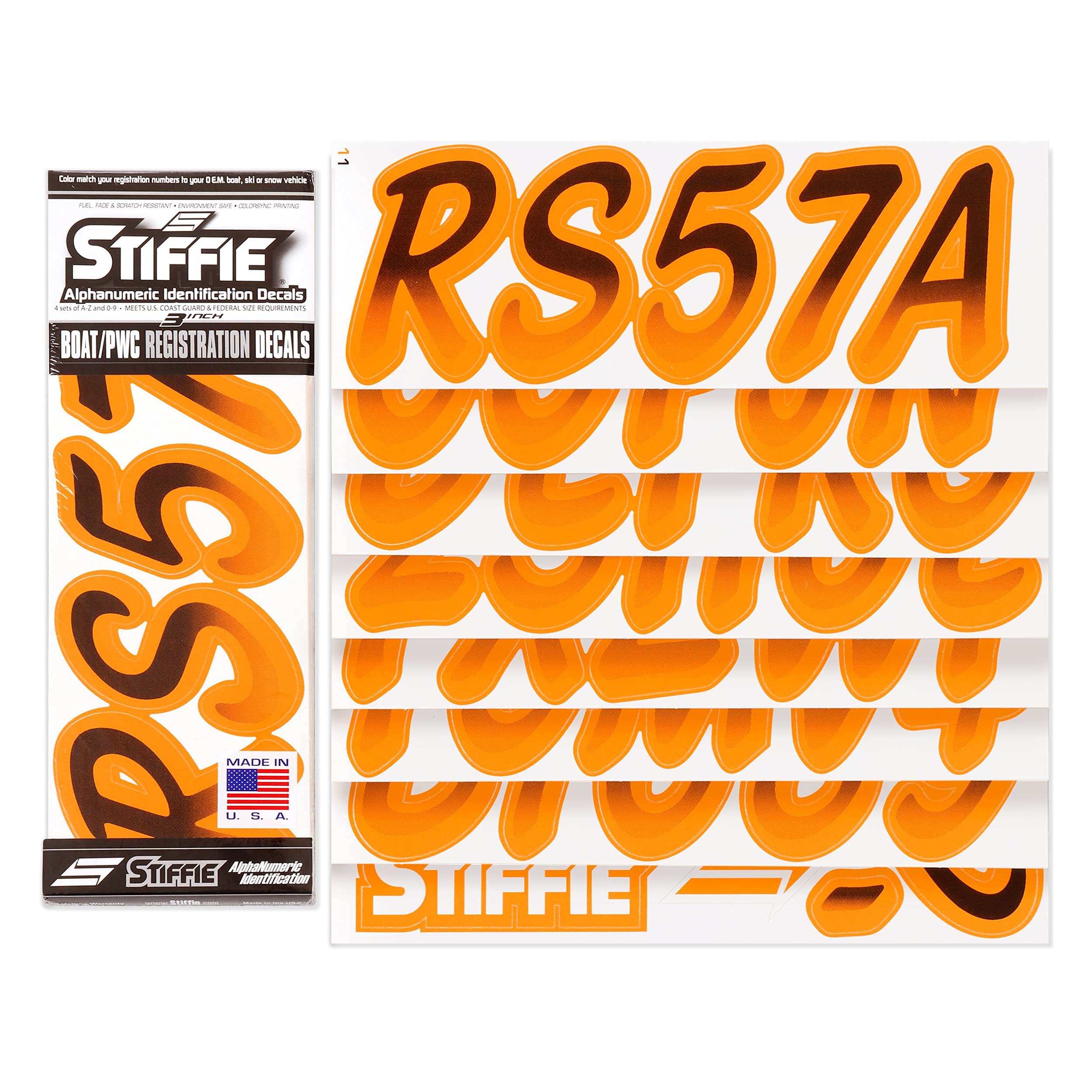Stiffie Whipline Black/Orange Crush 3 '' Super Sticky Boat & Pwc Registration Decals  Numbers Letters Stickers