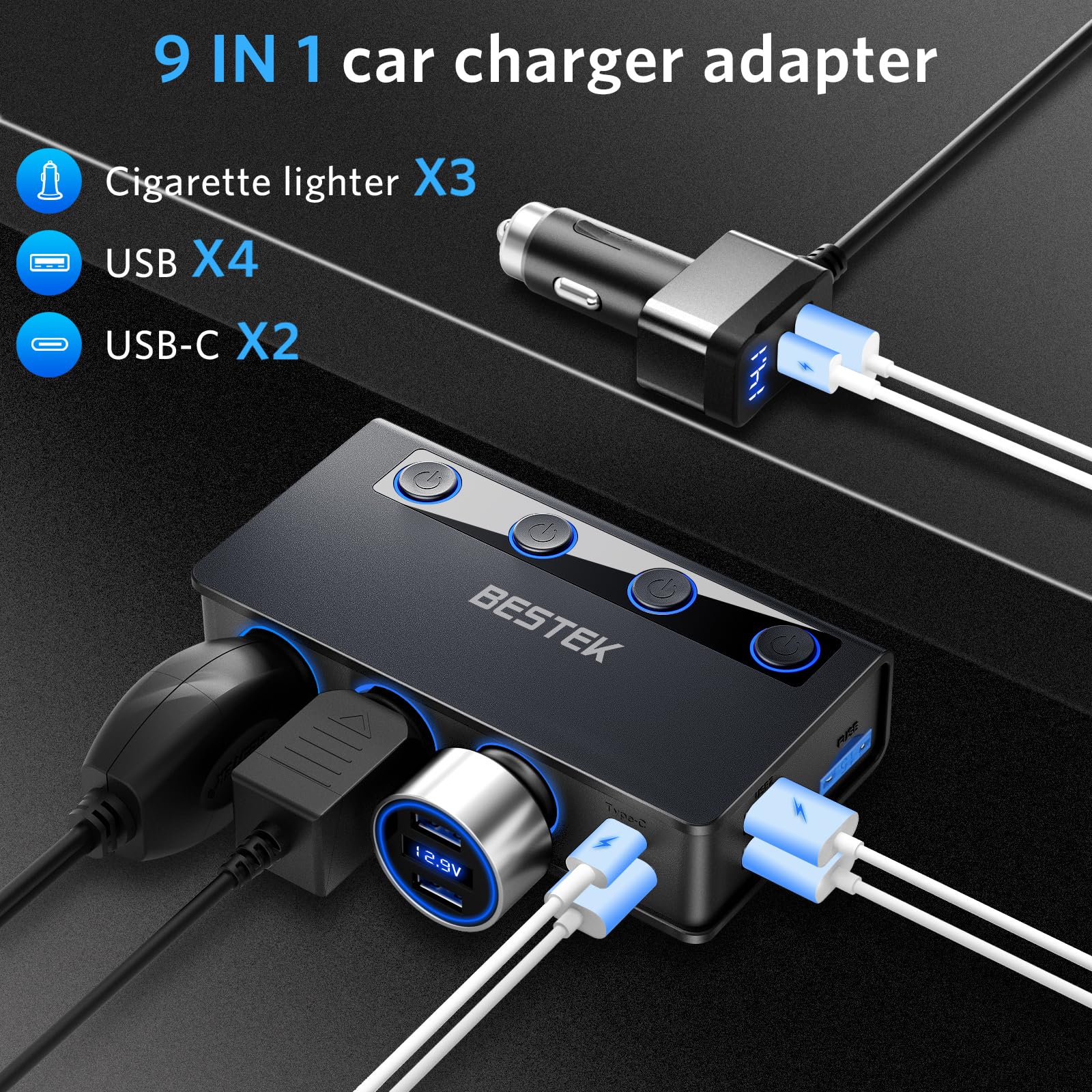 Bestek 180W Cigarette Lighter Splitter, 3-Socket Cigarette Lighter Adapter With Pd36W/65W And Qc3.0 18W*4 Charging Ports, Led Voltage Display Super Fast Charger Adapter For 12V/24V Vehicles