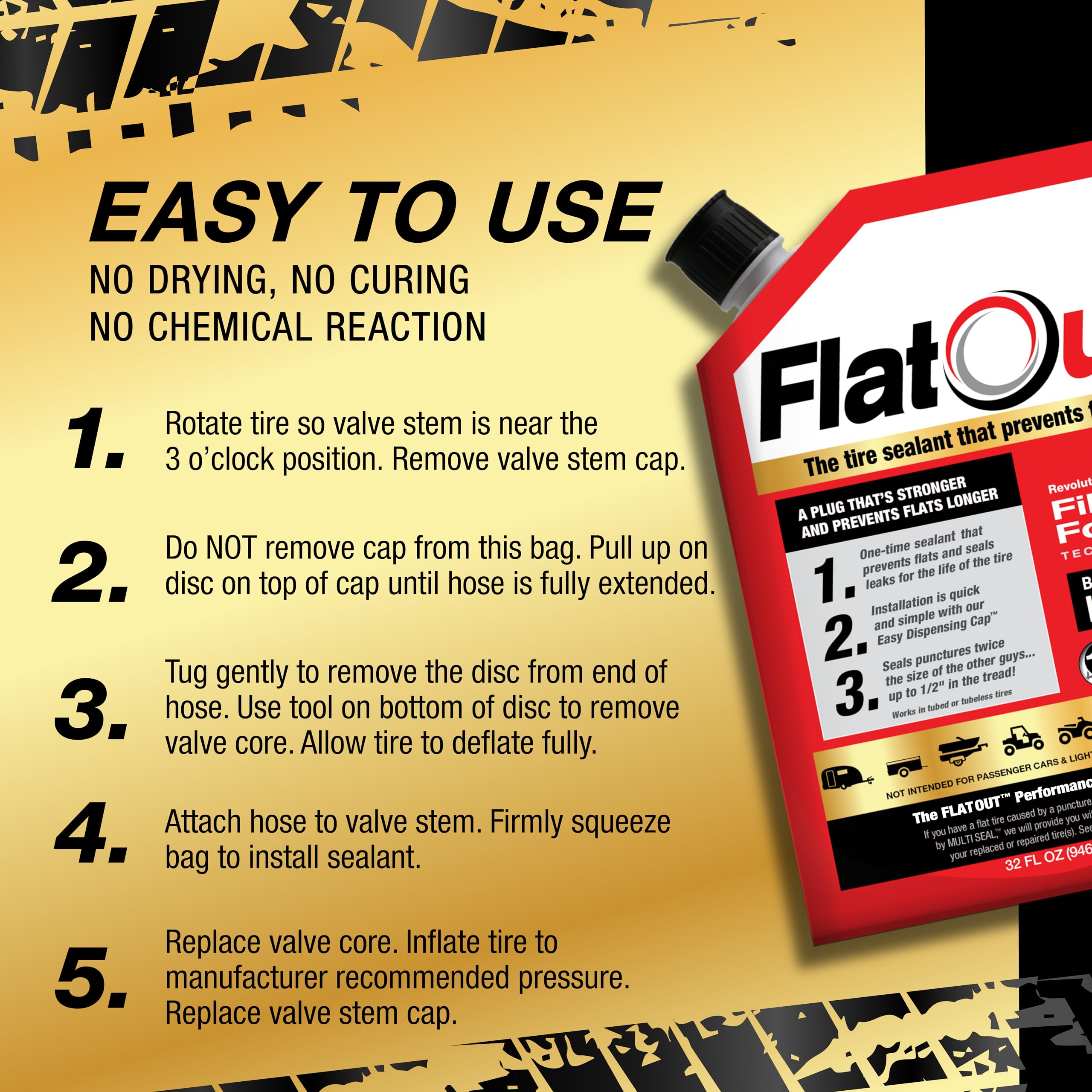 FlatOut Multi-Purpose Tire Sealant - Prevents and Repairs Flat Tires, Seals Leaks, Contains Kevlar, 32-Ounce Bag, 4-Pack