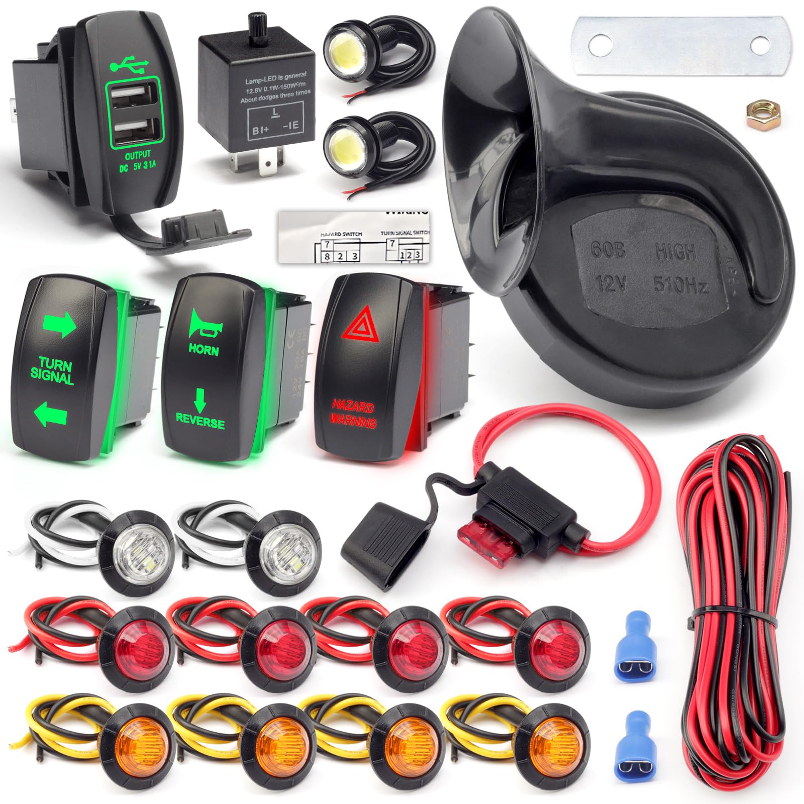 Universal ATV UTV SXS Turn Signal Street Legal Blinker Kit with 110DB Horn Reverse Hazard Light Rocker Switch USB Flasher Relay 