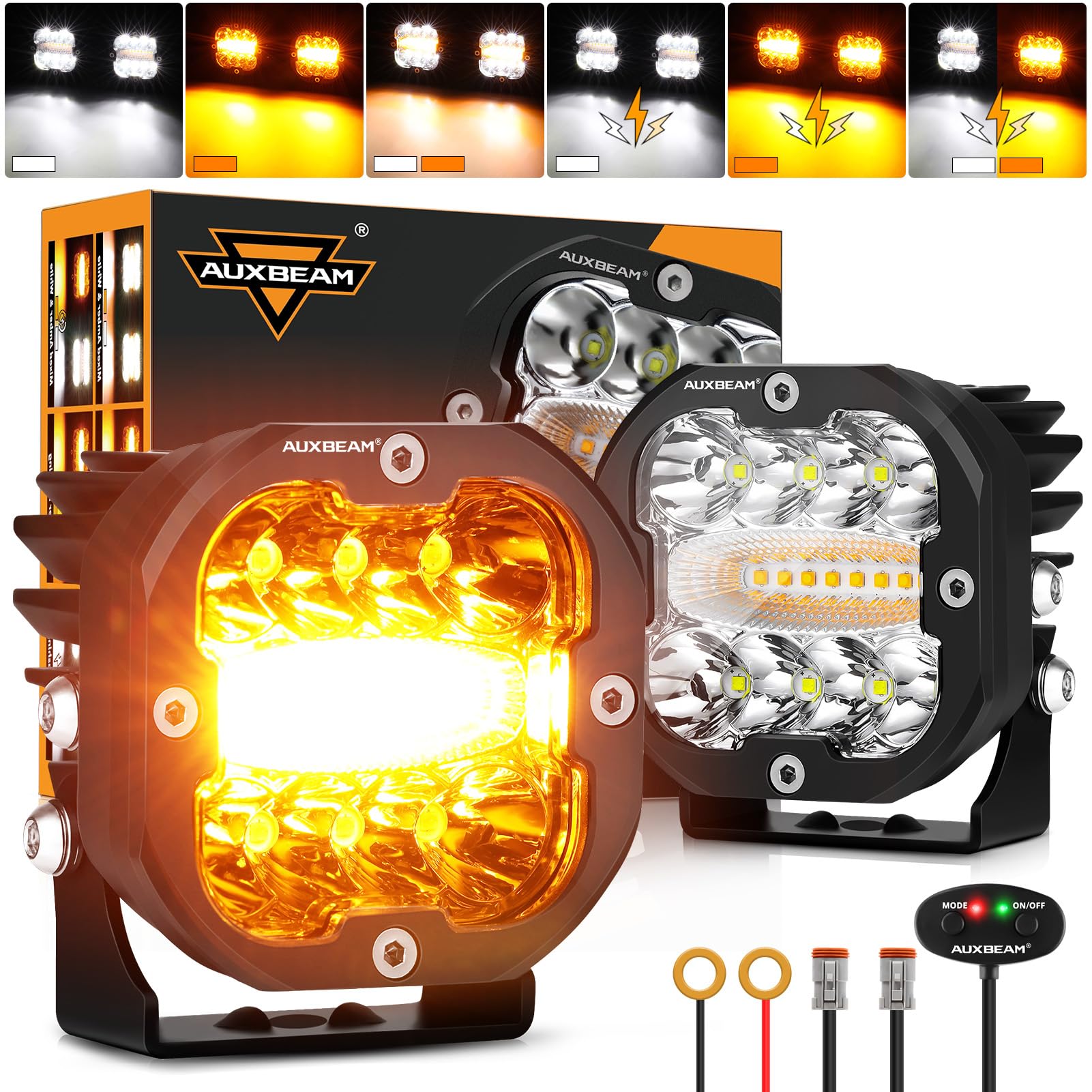 Auxbeam 6 Modes Amber White Led Pods Xp-Ultra Series 3Inch 96W Dual Color Strobe Lights Spot Flood Combo Amber Fog Lights Offroa