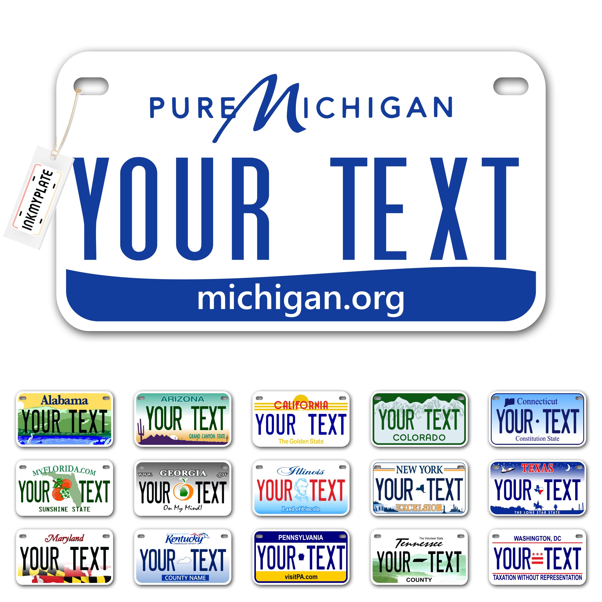 Inkmyplate Personalized Michigan Small License Plate | Motorcycle 7X4 In | 3 Sizes | Custom License Plates For Kids Bicycles | P
