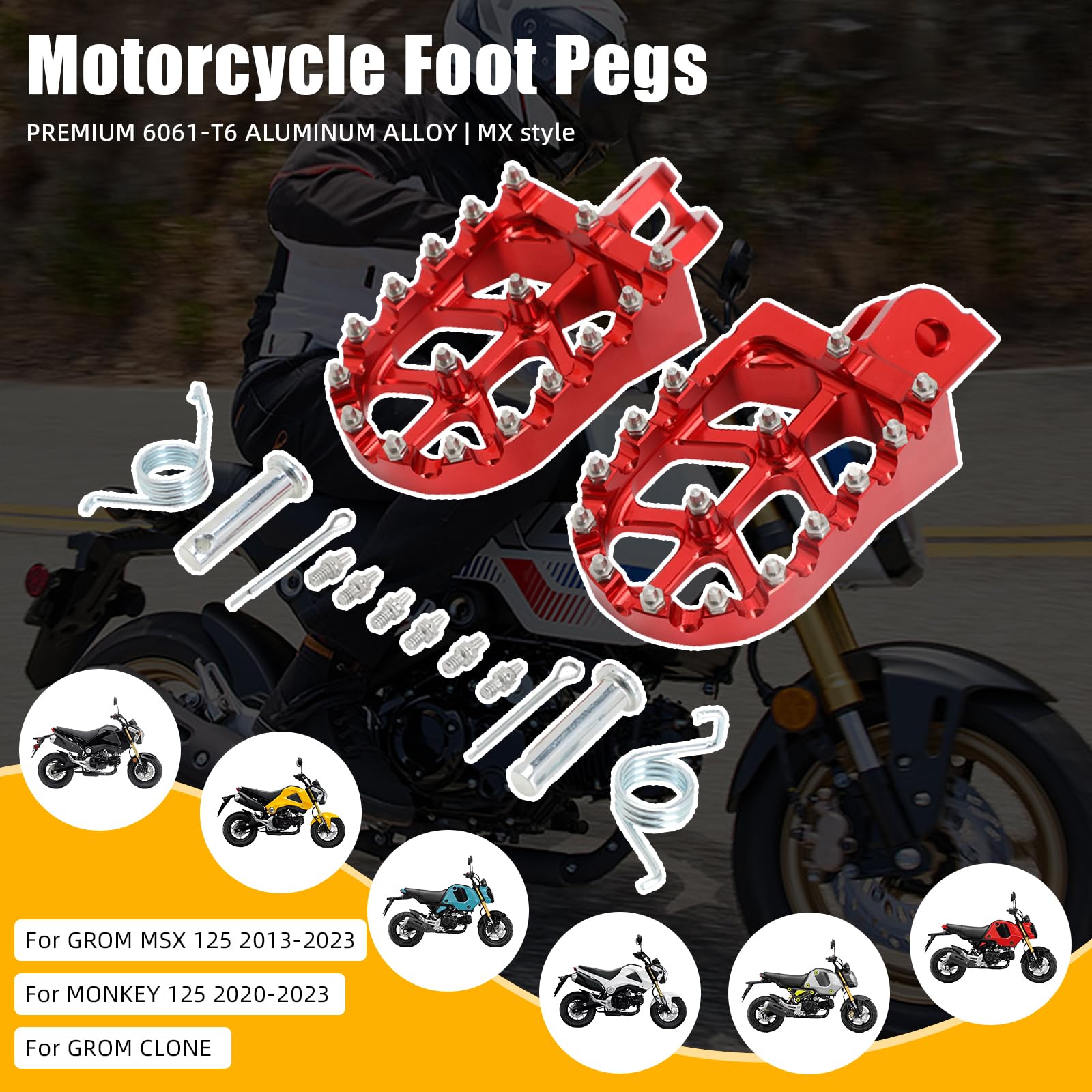 Iuvwisn Motorcycle Footpegs Foot Pegs Rest Pedal Mx Style Cnc For Grom Msx 125 2013-2023 Monkey 125 2020-2023 Grom Clone Red