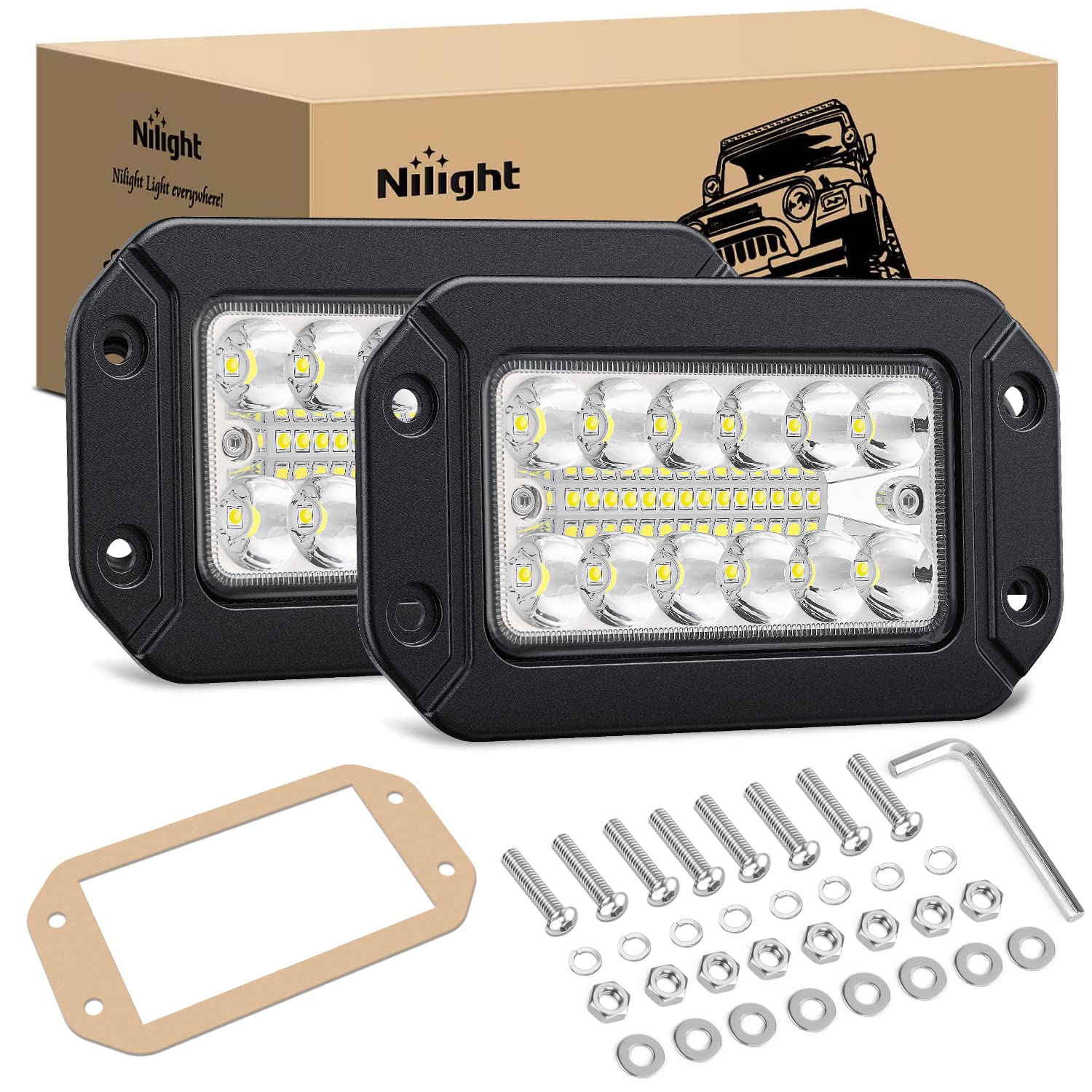 Nilight Flush Mount Led Light Pods 2Pcs 6 Inch 39W Upgraded Spot Flood Combo Beam Driving Work Lighting Backup Reverse Grill Mou