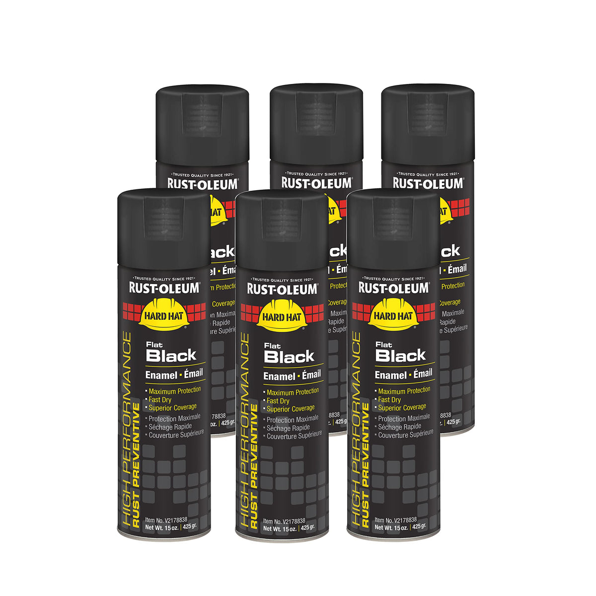 Rust-Oleum V2178838 High Performance V2100 System Rust Preventive Enamel Spray Paint, 20 fl. oz. container, 15 oz. fill,, Flat Black, 6-Pack