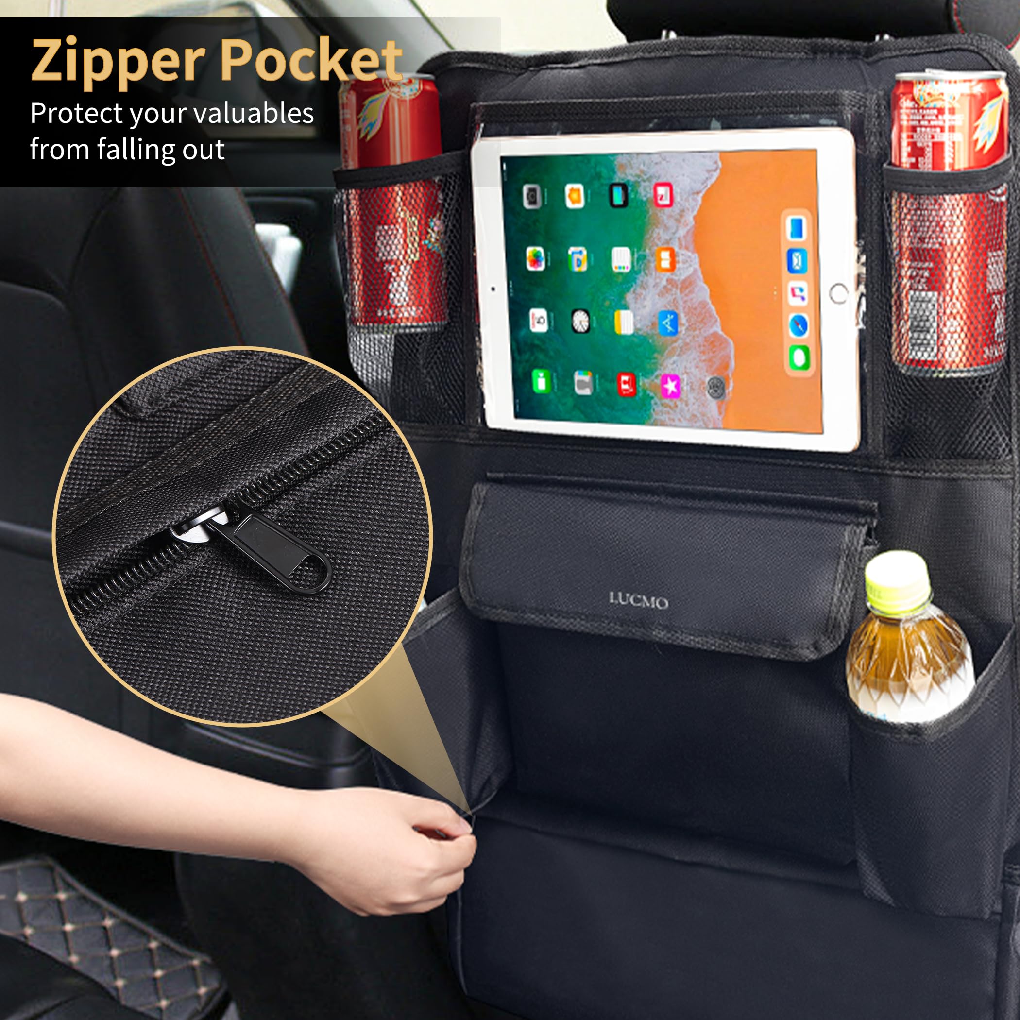Lucmo Car Backseat Organizer With Touch Screen Tablet Holder,9 Storage Pockets Protectors Kick Mats Travel Accessories For Kids-