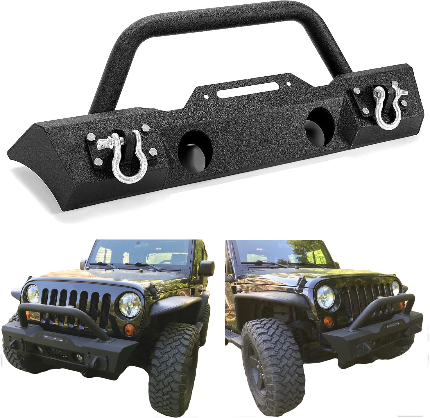 Ecotric Stubby Front Bumper Compatible With 2007-2024 Jeep Wrangler Jk Jl Gladiator Jt W/Fog Light Housing & D-Rings Steel Powde
