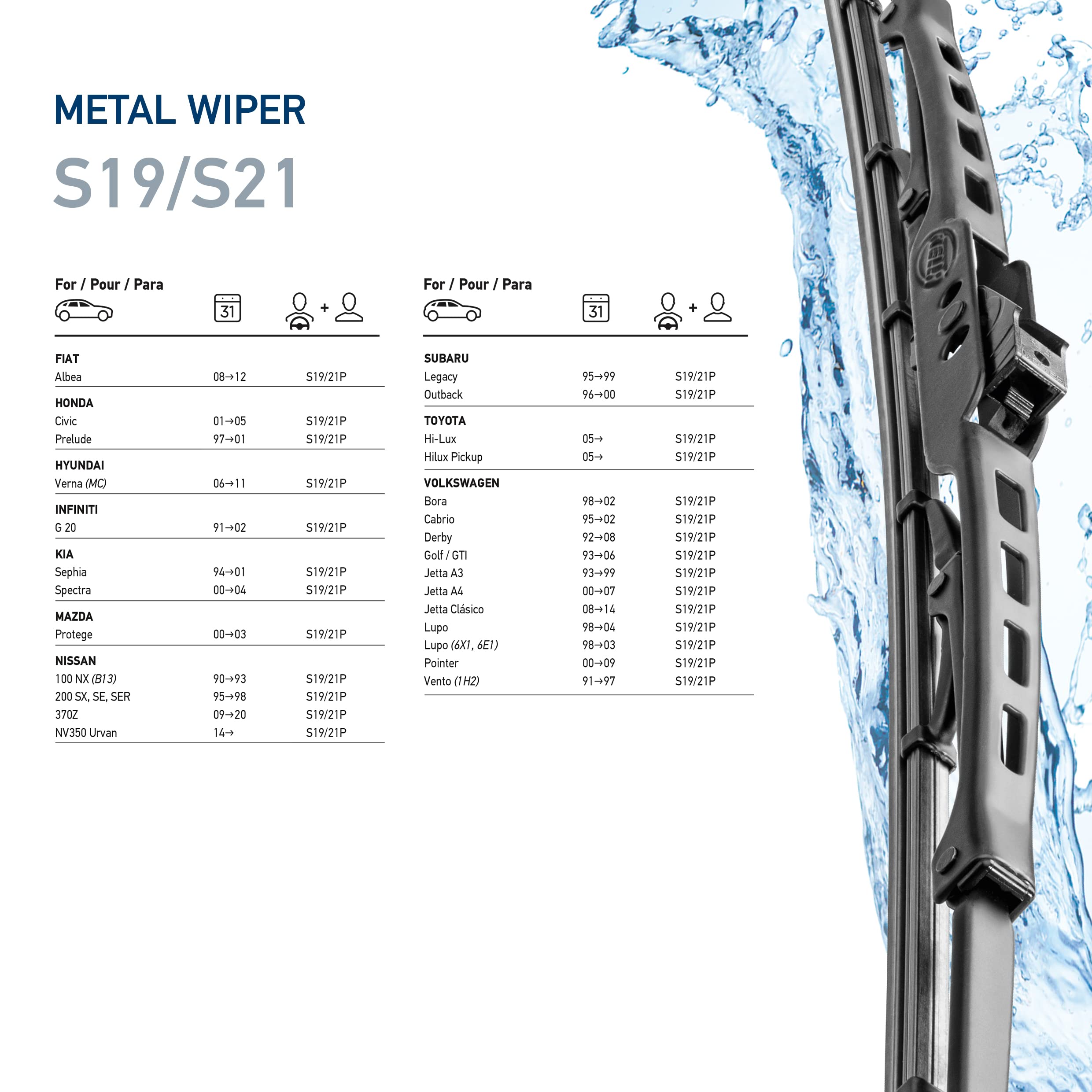 Hella Oe Quality 19 Inch/21 Inch All Seasons Streak-Free Rubber Standard Wiper Blade (2 Blades) Fit Select Fiat Honda Hyundai In