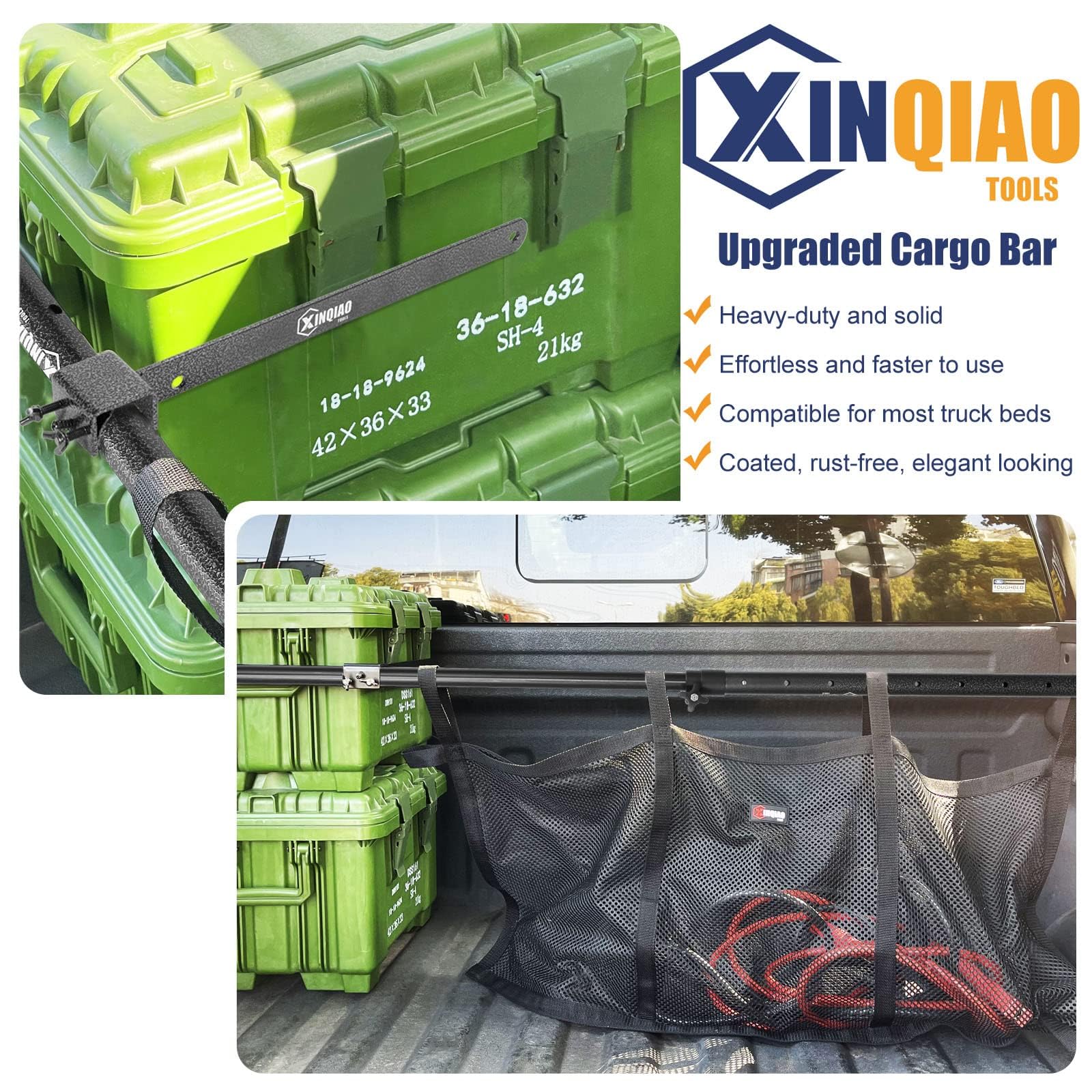XINQIAO Cargo Bar for Pickup Truck Bed, Premium Universal Truck Cargo Bar with Cargo Net and Divider Bar, 200 LB Capacity, Also