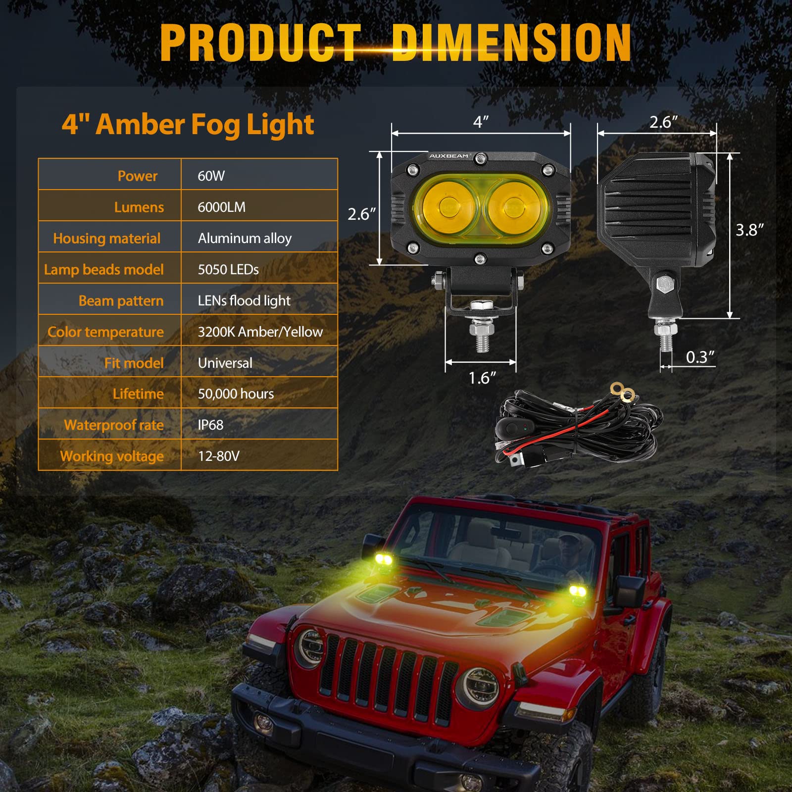 Auxbeam Led Amber Fog Light, 4Inch 60W Led Amber Driving Offroad Lights Super Bright Amber Light Pod With Wiring Harness Kit Yel