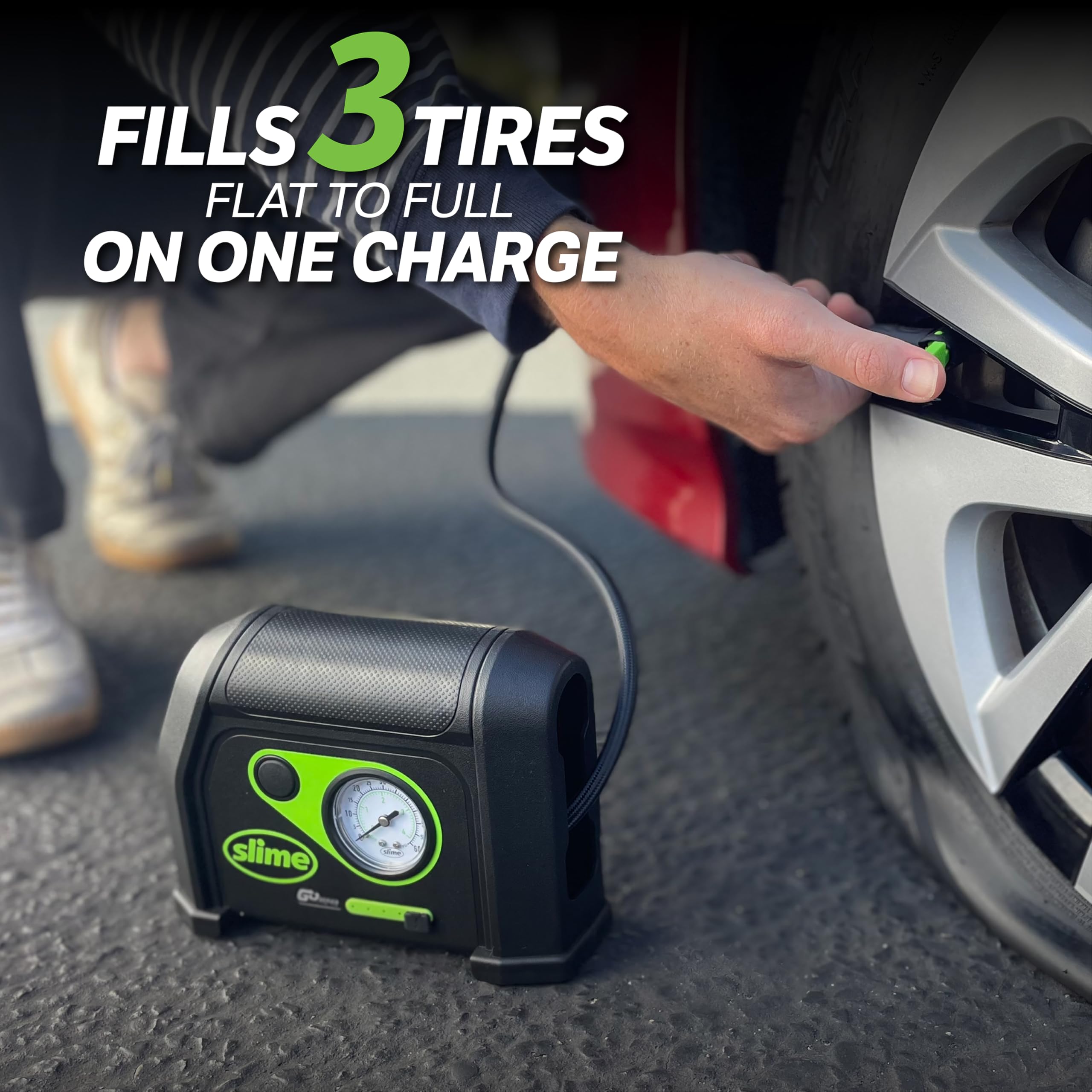 Slime 40084 Tire Inflator, Cordless, Portable Air Compressor Pump, Lithium Ion Battery and LED Light, Rechargeable, 8 min Inflat