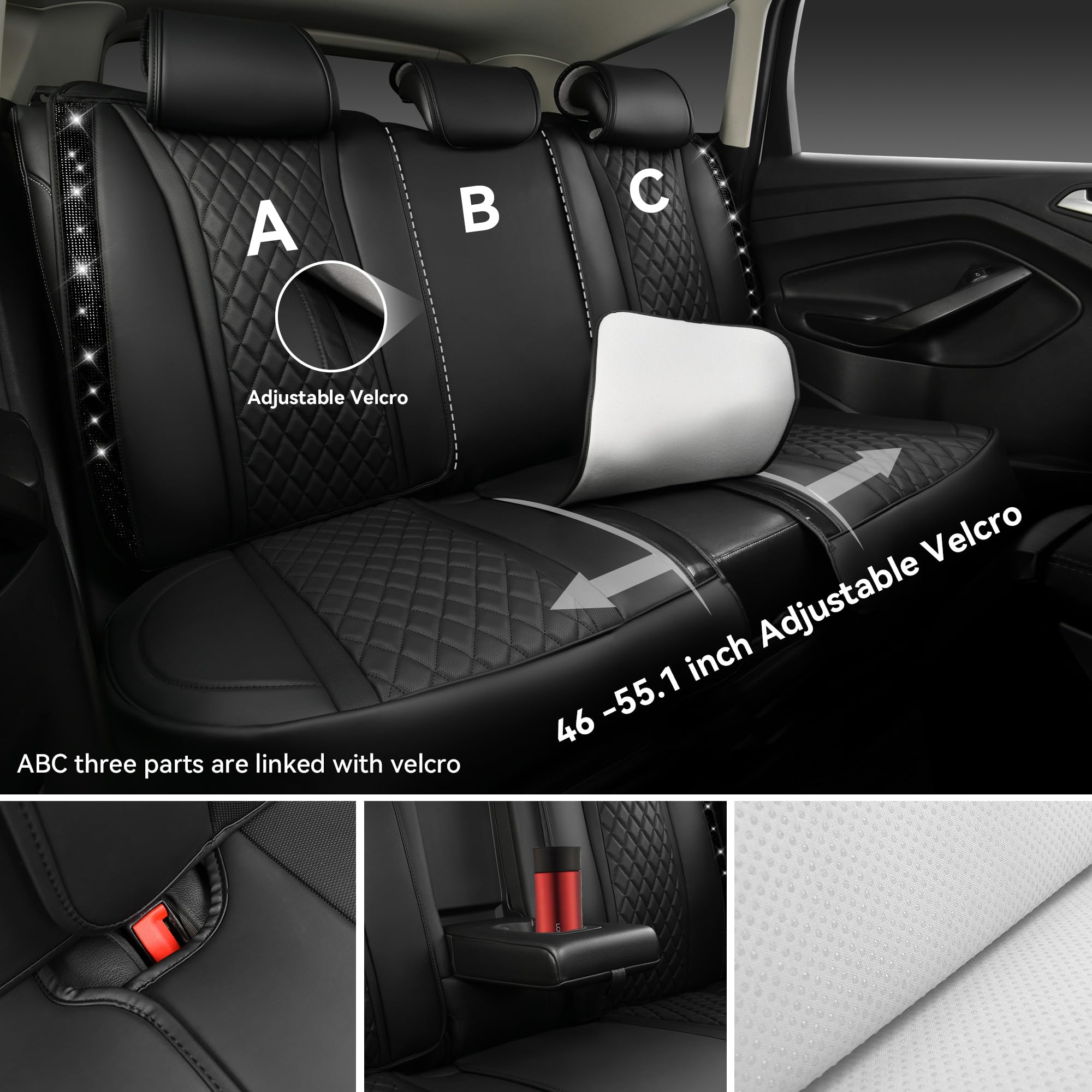 Car Pass Bling Diamond Back Seat Covers, Nappa Leather Rear Seat Bench Cushion Waterproof Breathable Back Row Protector Universa