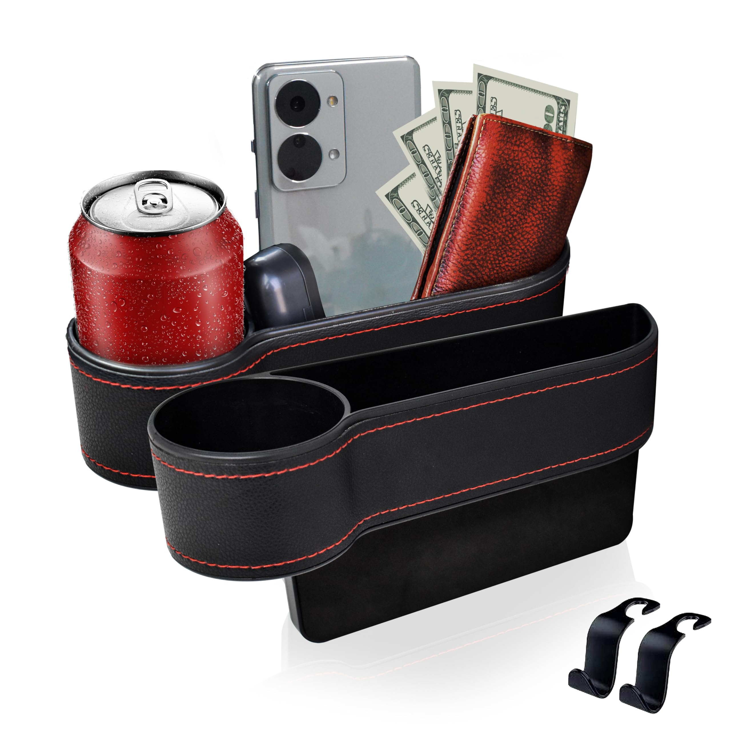 Econour Car Seat Gap Filler Organizer | Multifunctional Front Seat Organizer With 2 Bonus Headrest Hooks | Storage Box In Between Seats Organizer With Cup Holder | Car Interior Seat Gap Accessories