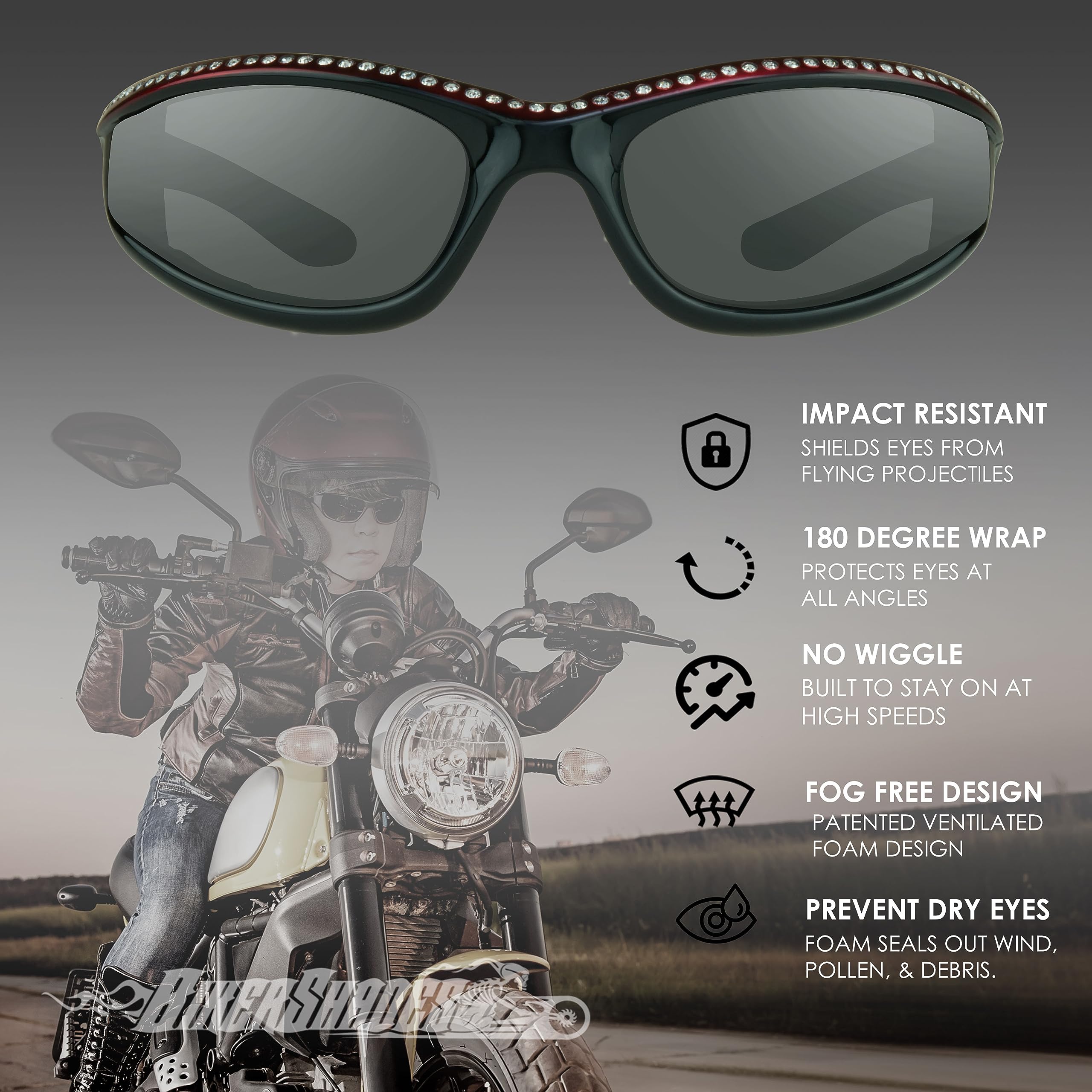 Bikershades Rhinestone Womens Motorcycle Biker Riding Safety Sunglass Foam Padded Bling Bling Wrap Blocks Wind Dust Smoke Lens R